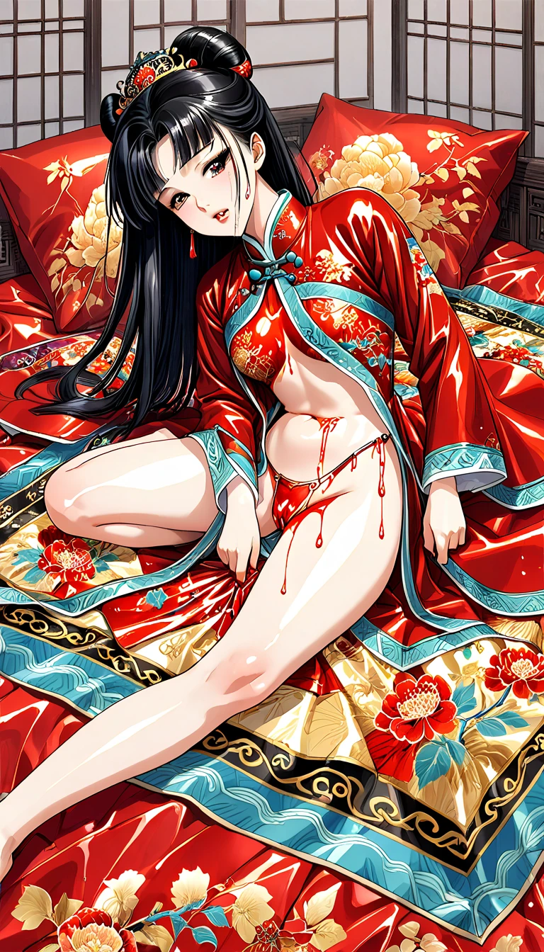 8k Tragic fantasy historical drama Beautiful palace secrets　Beautiful Chinese 10 year old kung fu girl with long black hair gets fucked by demon king　Gorgeous embroidery, Ultra glossy, She is wearing a shiny red long-sleeved floral kung fu suit....　　She cries loudly and is made to lie on a floral futon and has a penis inserted into her　She spreads her legs wide