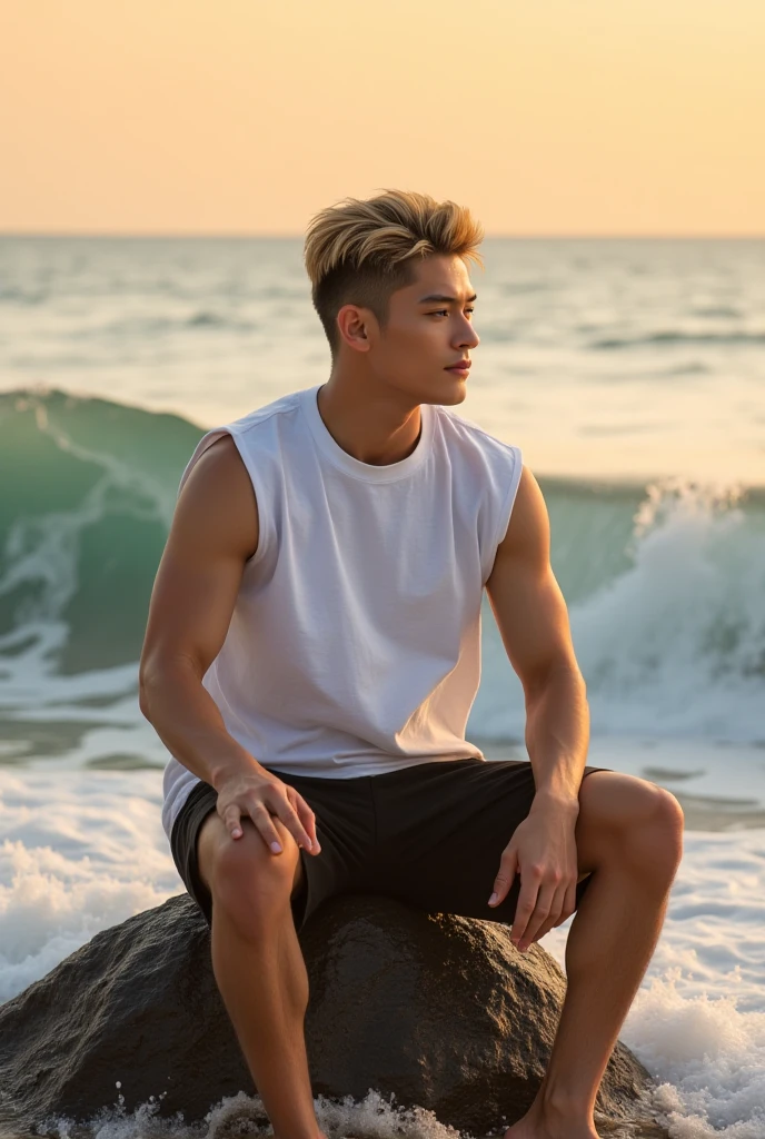 young Thai man, short and neat blonde slicked back hair, realistic skin, white sleeveless t-shirt, black shorts, sunset, Instagram photo style, sitting on a large rock splashed by waves, beach background with big and beautiful waves