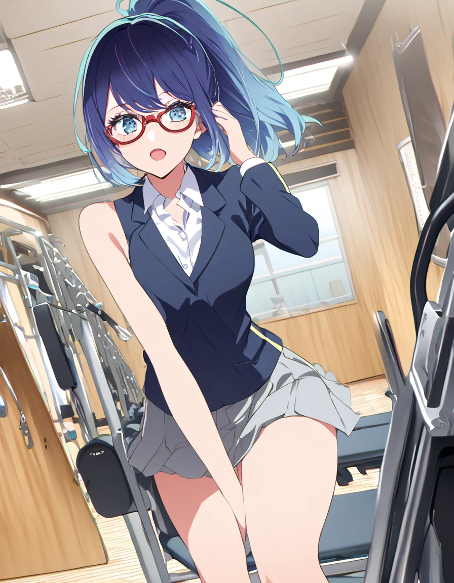  high school girl（Glasses、 ponytail、 light blue hair with a slender body、school uniform、 blazer） HD、gym
