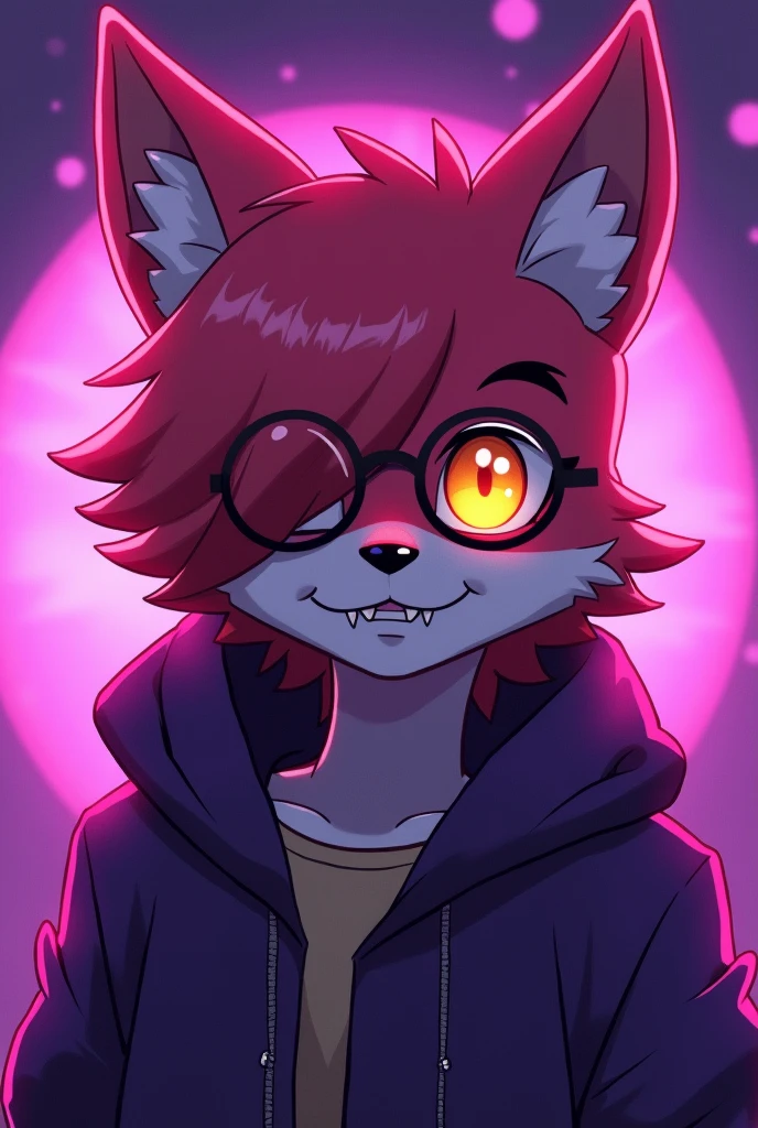 furry fandom illustration, red glasses, madure and cute shy boy african wild dog mixed with wolf, dark cream color fur, red muzzle, red glasses, timid smile, with one pivoted ear, inside a dark room, wearing a light green leash, sucking a wolf penis