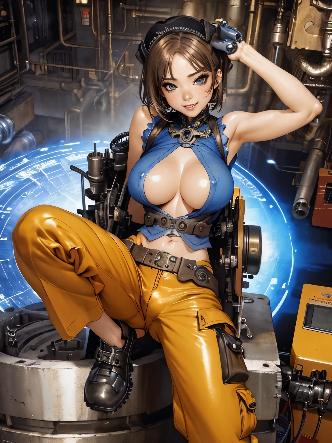 masterpiece, high quality, detailed eyes,
1girl, nikkebrid, low ponytail, hair over one eye, (woman:1.2), gigantic breast, (voloptuous:1.0), (thick ass:1.0), (tall, leggy:1.0), glistened skin, oiled skin, shiny skin, smile, (muscular:0.7), (pubic tattoo:1.0),
solo, looking at viewer, cowboy shot, indoors, office, night, (contrapposto:1.0), standing, garrison cap, (sleeveless shirt), (pelvic curtain, loincloth:1.2), blue necktie, belt pouch, elbow gloves, high heel boots, necklace, navel, heart earing, choker, thigh strap, covered nipple, cameltoe, cleft of venus,