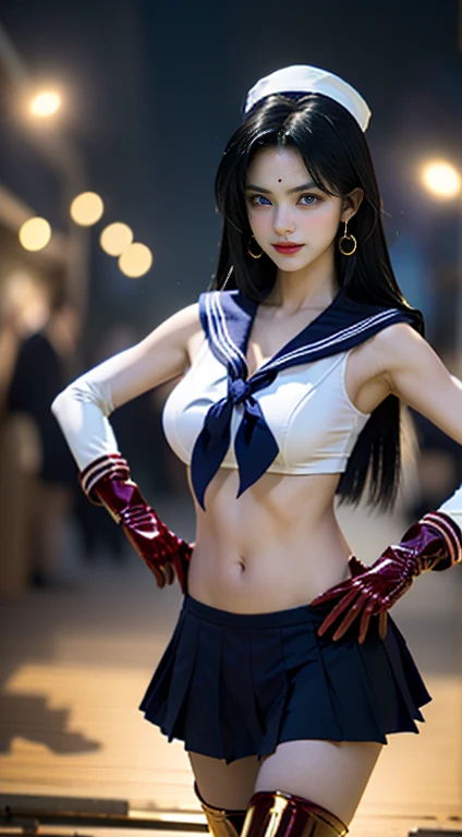 masterpiece, best quality, realistic, photograph, photorealism, hyper-detailed, perfect body, detailed eyes, beautiful girl, Sailor Mars, posing for photo, cool pose, happy, red collar, white gloves