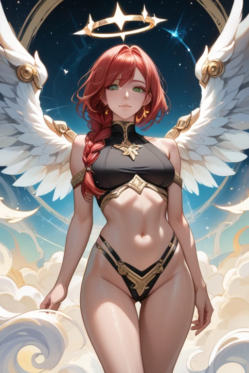 bestquality、Ultra High Res、(photorealistic:1 beauty girl.4 Beauty)、。charming face。Model Face。hair long。slender。beautiful detail、Red hair。Big Boobs。ear ring。Raking up your hair。Detailed details。vivid。realistic details。lifelike。naked,。Angel wings extending from the back。Get on your knees。Get on your knees。an angel。smiling smile。Cheerful smile。navel out, Detached sleeves, Bare Shoulders, Central opening, cleavage between breasts, mid breasts, Hair clip with long feathers, hair ornamen,