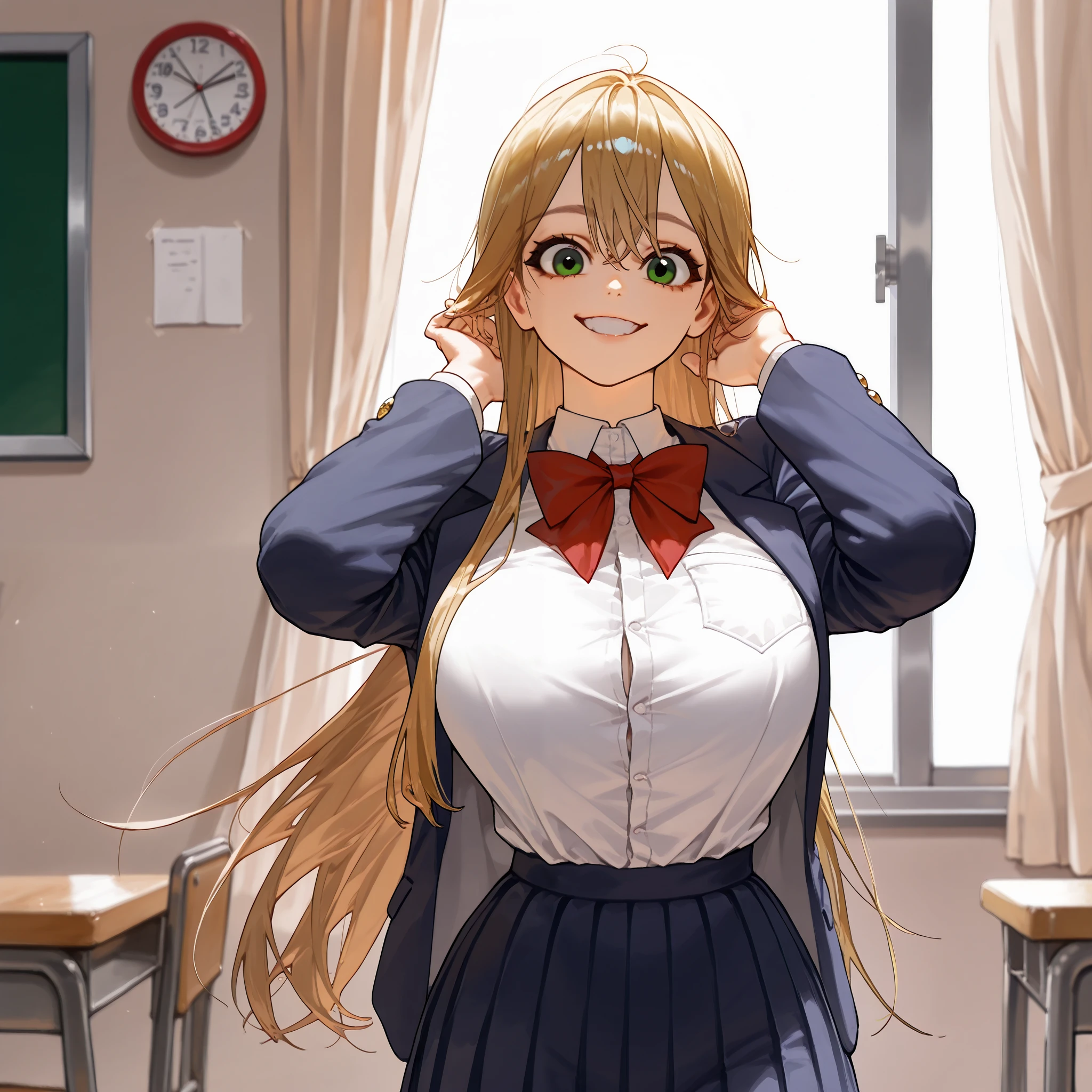 (걸작, 고해상도, 2k 해상도, 매우 상세한, best_quality, finely_detailed_beuatiful_eyes_and_detailed_face), 정면, (1여자, 완벽한 얼굴), (blonde_long_hair, green_eyes), 귀여운, navy_school_uniform_blazer, long_sleeves, white_school_uniform_dress_shirt, navy_tennis_skirt, front view,(closed_eyes:0.7), looking at viewer, standing_in_the_classroom, (cowboy_shot), 홑꺼풀, monolid, (alone) ,adult,mature, korean_cute_girl, humongous_breasts, smile, dynamic_pose