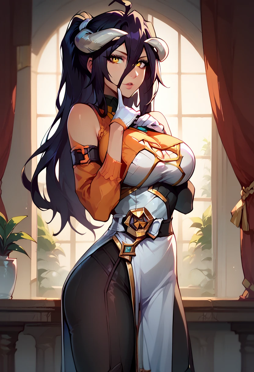 albedo, long hair, black hair, bare shoulders, hair between eyes, large breasts, (white dress:1.2), white gloves, (black feathers:1.2), white horns , looking at viewer yoruichi shihouin, long hair, yellow eyes, ponytail, purple hair, dark skin, black bodysuit, bodysuit under clothes, orange shirt, long sleeves, large breasts , solo
