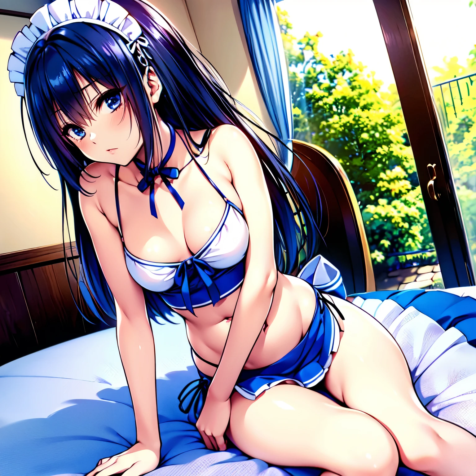 solo girl, (head dress)maid, (large breasts), (cobalt blue)(bikini)(micro bikini)(bikini top only), narrow constricted waist, (bare hips), (small hips), (thin hips), (bare thighs), (waist apron)white, (no skirt), black hair, (hands hidden), white ribbon, dining room