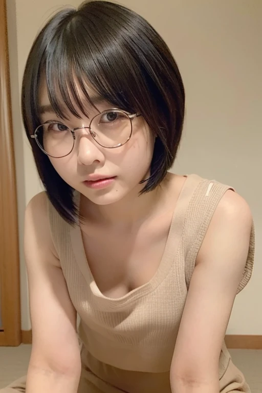 masutepiece, Best Quality, Illustration, Ultra-detailed, finely detail, high resolution, 8K Wallpaper, Perfect dynamic composition, a bit chubby:0.3, 1 beautiful girl, glasses, ((close up:1.3, looking at viewer)), Beautiful detailed eyes, (wearing black t-shirts, short bob-hair, color base on white black),