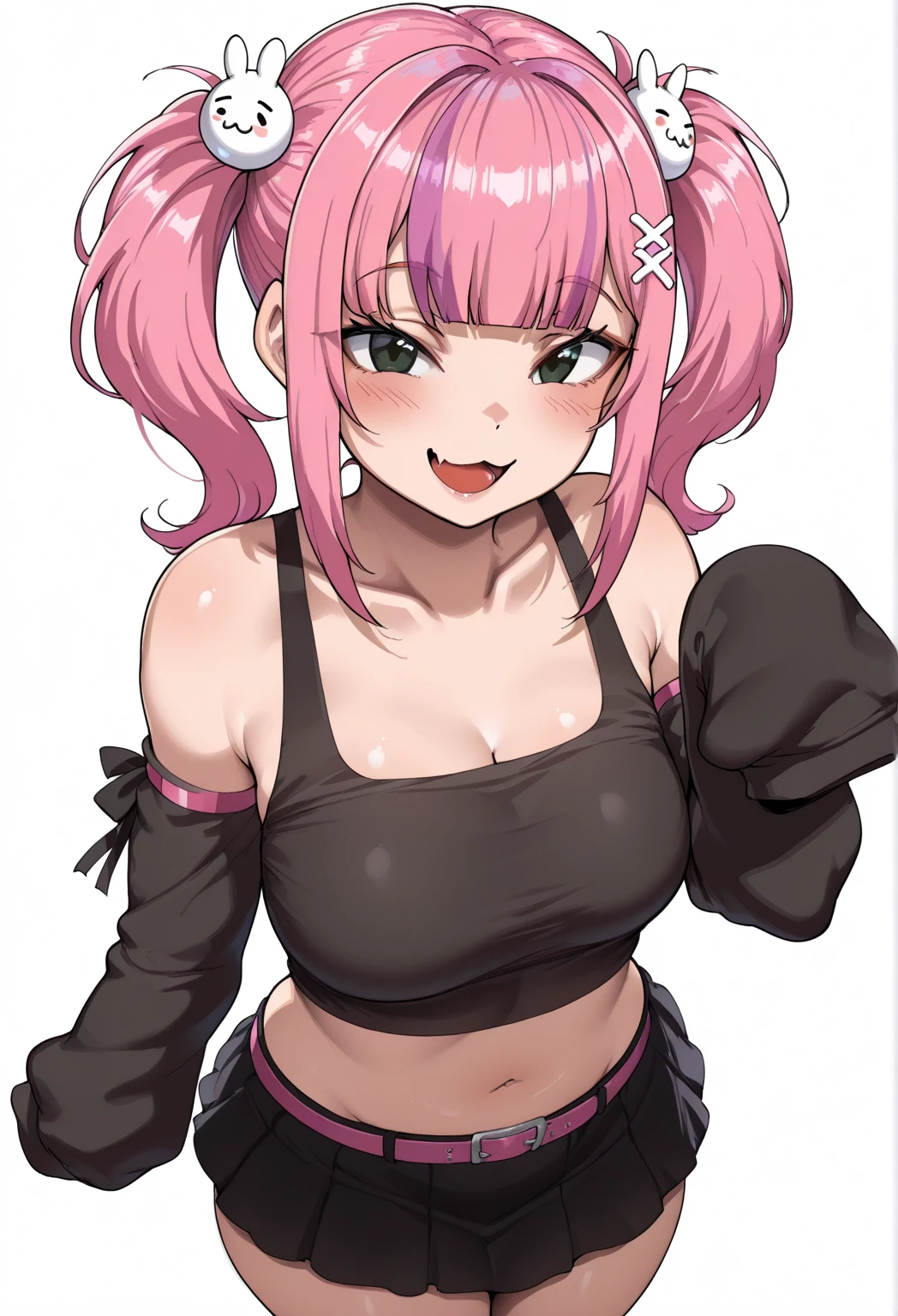 1girl, solo, breasts, looking at viewer, blush, smile, open mouth, bangs, skirt, simple background, shirt, hair ornament, long sleeves, white background, navel, bare shoulders, twintails, collarbone, pink hair, :d, multicolored hair, detached sleeves, fang, midriff, shiny, belt, virtual youtuber, hand up, blunt bangs, black skirt, black eyes, crop top, sleeves past wrists, black shirt, :3, skin fang, sleeves past fingers