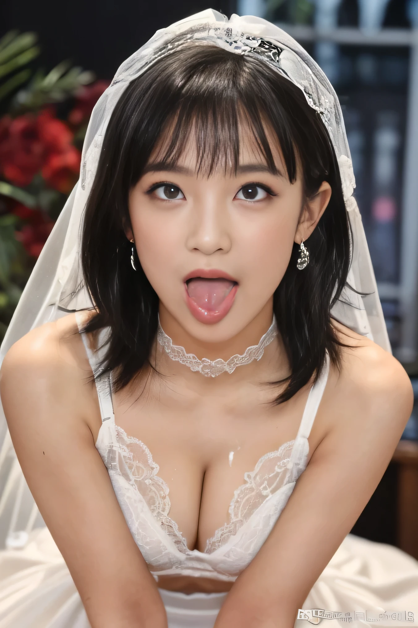 (8k, Original Pictures, top quality, masterpiece:1.2,),((((((truthistic, photo truthistic:1.3)))))),((( detailed background:1.2))),((Open your mouth slightly:1.3)), ultra high definition, (8k, Original Pictures, top quality, masterpiece),(truthistic, photo truthistic), ultra high definition, Highly Detailed CG Integration 8k Wallpaper ,(truth_skin, oily skin), perfect anatomy, beautiful black hair,(Shiny short hair),Night Time,(thigh), full body shot, choker 、Thin eyebrows, beautiful faces,透き通ったskin, erotic,(Big Breasts:1.5), small nose, glossy lips,Sex slave,( night love hotel:1.8、Love Bed、ベッドの上で stand on all fours:1.9、 window:1.5) 、( showing cleavage :1.4),((sexy white lace prom mini dress:1.5、White wedding veil:1.5、sexy white garter belt :1.5))、(( stand on all fours、put in、Deep joy、Ecstatic Eyes:1.2),( Frontal Angle :1.7), despair, ((I gasp violently:1.2))、 ecstatic face、 climax expression 、 looks up at the 、 I look at the ceiling、 full body twitching , huge cleavage、( Crawling on All Fours ,Includes , butt sticking out)、( ahe face:1.5、Cross-eyed:1.5、 sticks out her tongue:1.5、Cum in mouth:1.5、Cum on face:1.5、 drink semen:1.3)、( FULL BODY SHOT:1.3)