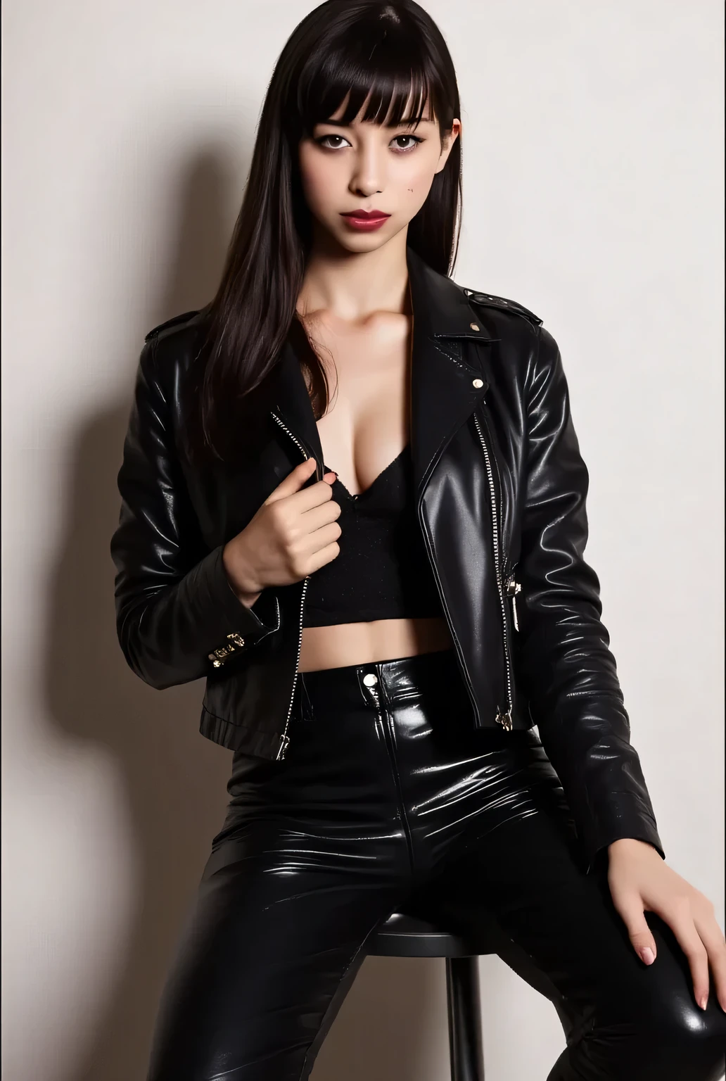  a 25-year-old woman,  sitting on a front-facing seat , lips are black ,  using a black leather jacket , without using a bra, black latex trousers ,  not wearing shoes , very detailed image quality , 