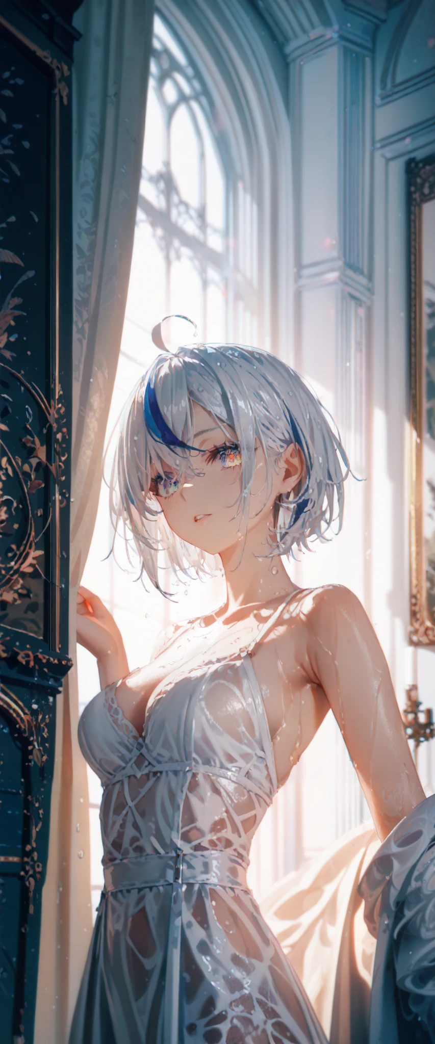 anime girl with blue hair and blue dress in cage, trend in art station pixiv, very detailed Artgerm, rem rezero, artgerm in ArtStation pixiv, detailed digital anime art, digital art in pixiv, blue scales covering her chest, Kusart Krenz key art female, Guwiz in pixiv art station, in the dark room, the shy sick loli blue-haired vampire lady gasped, He was wrapped in bandages. She blushed like the morning sun falling on the petals of roses, and there was a hint of shyness in her cuteness. The faint breath revealed her weakness, and her cheeks were stained pink from her rapid breathing, contrasting with her pale skin. Her misty blue eyes shone sadly and shyly, and her long eyelashes fluttered gently, outlining her morbid enchanting beauty. The slender fingers trembled lightly, and the nails were painted bright red, as if coyly avoiding the sight. The black lace dress exudes a mysterious fragrance around her, bringing a shy and enchanting atmosphere to this dark room. Blue hair fell lightly on her slender figure, like a blue wave, outlining her feather-like beauty. The corners of her mouth rose slightly, and the innocent smile made her even more cute, and her cheeks seemed to be red from shyness. Four hundred words just sketch the shy and charming image of her morbidity, which is irresistible.