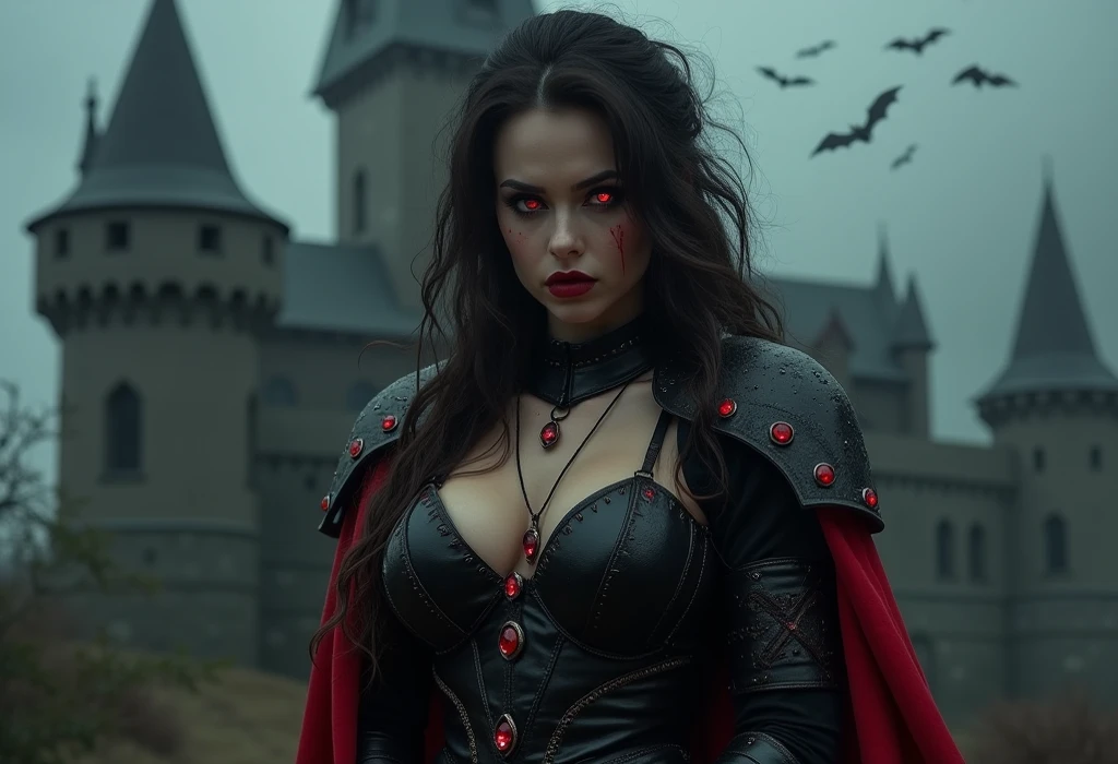 arafed woman in a black dress with a sword and a red cape, dark fantasy style art, by Arthur Pan, by Yang J, abaddon and magali villeneuve, dark fantasy art, dark sorceress full view, diablo digital concept art, gothic fantasy art, 4k fantasy art, beautiful elegant demon queen, dark fantasy artwork