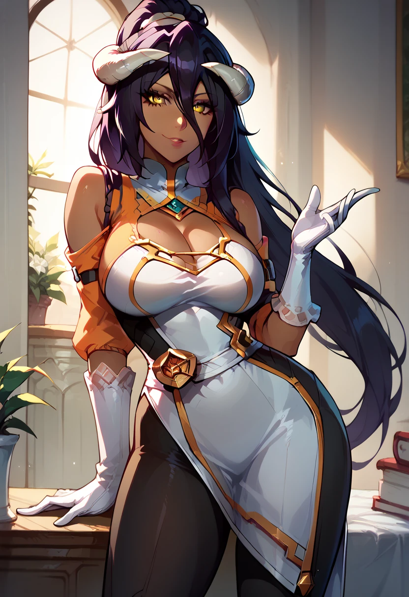 yoruichi shihouin, long hair, yellow eyes, ponytail, purple hair, dark skin, dark-skinned female, bodysuit, black bodysuit, bodysuit under clothes, orange shirt, long sleeves, , looking at viewer, large breasts albedo, long hair, bare shoulders, black hair, hair between eyes, large breasts, (white dress:1.2), white gloves, (black feathers:1.2), white horns , looking at viewer , solo
