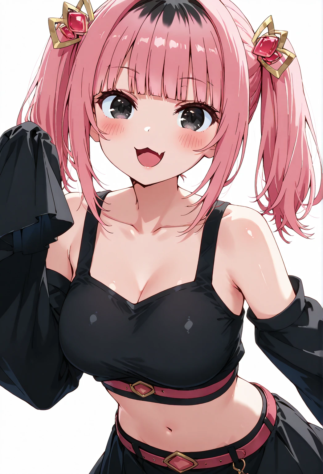 1girl, solo, breasts, looking at viewer, blush, smile, open mouth, bangs, skirt, simple background, shirt, hair ornament, long sleeves, white background, navel, bare shoulders, twintails, collarbone, pink hair, :d, multicolored hair, detached sleeves, fang, midriff, shiny, belt, virtual youtuber, hand up, blunt bangs, black skirt, black eyes, crop top, sleeves past wrists, black shirt, :3, skin fang, sleeves past fingers