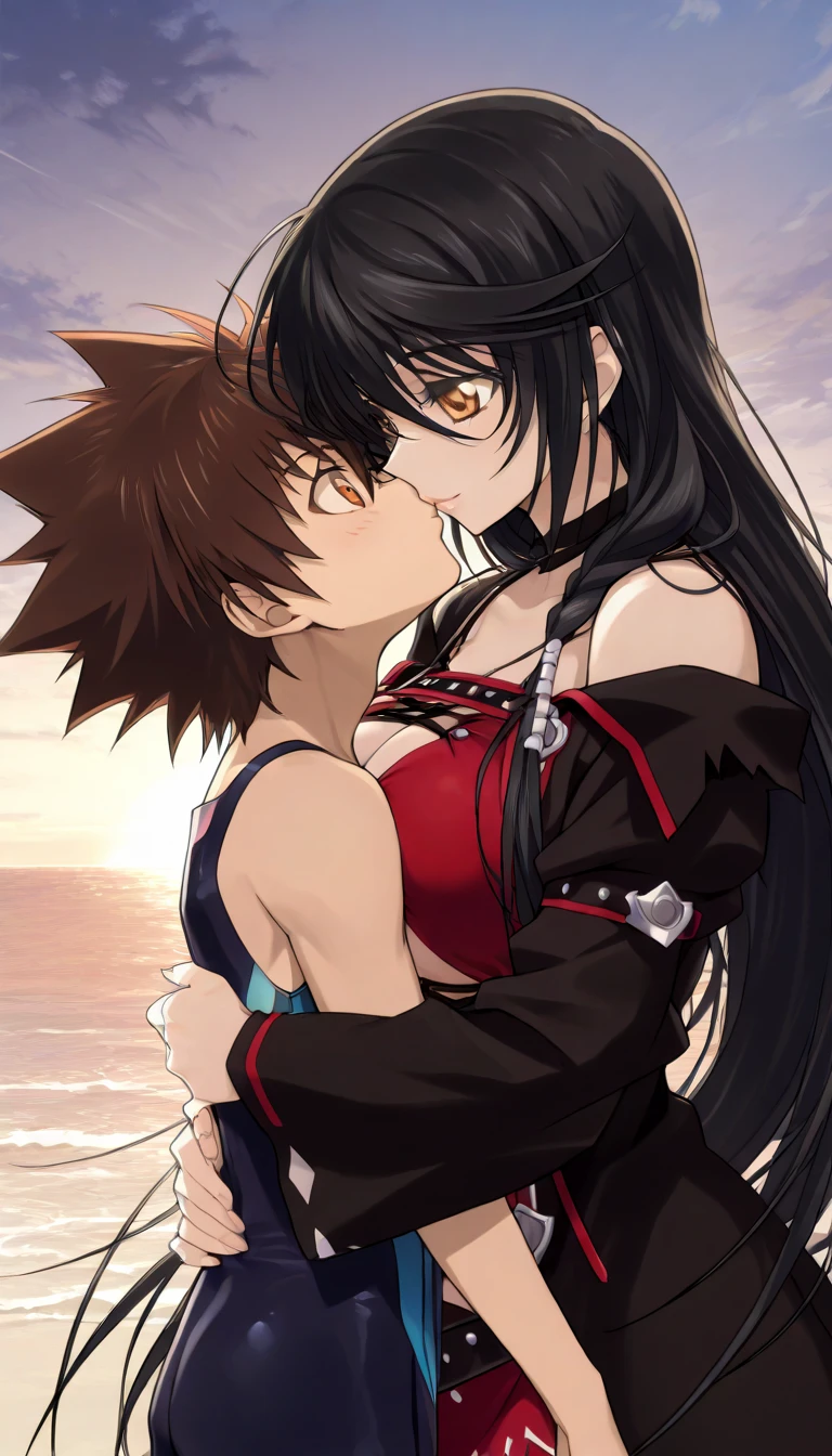 masterpiece,top-quality,source_anime,best quality, clear face,Velvet Crowe,tales of verseria,1girl,solo,black hair,very long hair,gold eyes,very large breasts, perfect body,beauty,very huge breasts,narrow waist,bust size is 250cm over,sexy,seductive anime girl,One Shota,Tsunayoshi Sawada,tsuna_hyper,A boy with very messy brown hair,she has black hair,she has black hair,she has black hair,she has black hair,she has gold eyes,he has very messy brown hair,he has very messy brown hair,he has very messy brown hair,she has gold eyes,she has gold eyes,he has orange eyes,he has orange eyes,he has orange eyes,sea,she is smiling seductively,Boy and woman are kissing,Boy and woman are hugging,5 fingers,Beautiful fingers,swimwear,Boys and women are wearing swimsuits