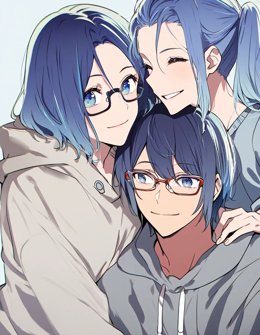  male student、One person、Bedhead、 Light Blue Hair、smile、 HD、Glasses、gray hoodie high school girl、One person、 Side Pony、 blue hair、 sweater 、smile、 HD、Glasses