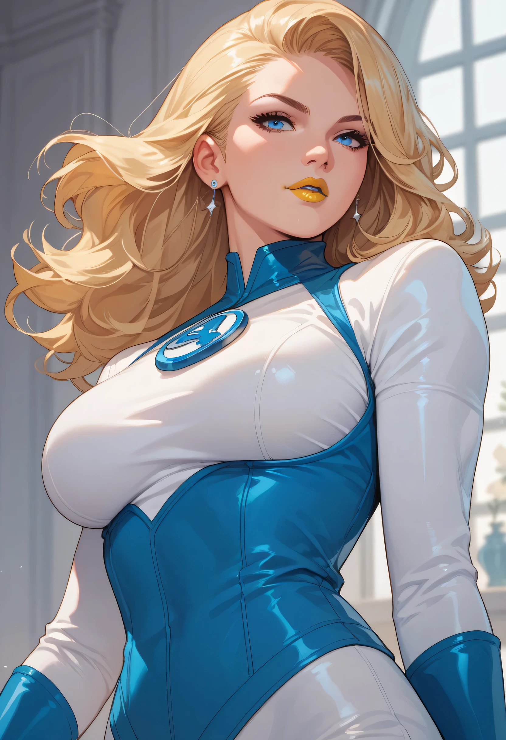 woman, big breasts, yellow lipstick, anime style, white skin, blue eyes, blonde hair, white outfit, blue outfit details, Susan Storm