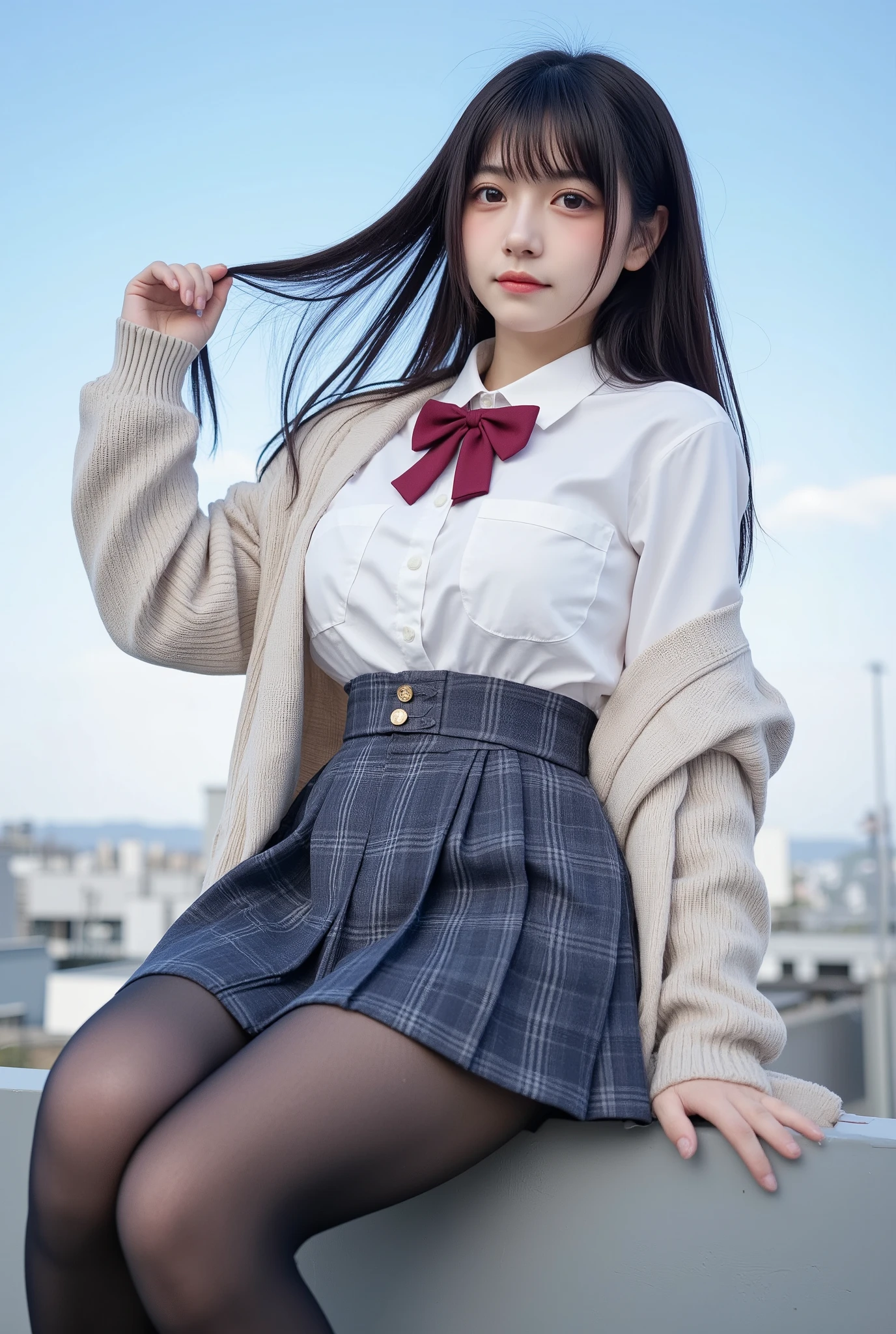 (((8k、   high definition  、  top quality 、   high definition  )))Alone、 natural body shape、  white skin、 Natural Cosmetics 、((  black hair、bangs、   STRAIGHT LONG HAIR  ))、((()))、  sitting  、(Sit on top of a tower :1.4)、(())、(((((  full body photo)))))、(((  look at the camera)))、((( The upper body is in uniform  )))、classroom、(((  High School))) 、((  white long sleeve collared blouse  ))、((  beige cardigan ))、((  dark blue plaid pleated skirt、  Miniskirt、 Perfect Realistic Pantyhose ,  shiny pantyhose ))、、、Laughter、((  exposes thighs )), 