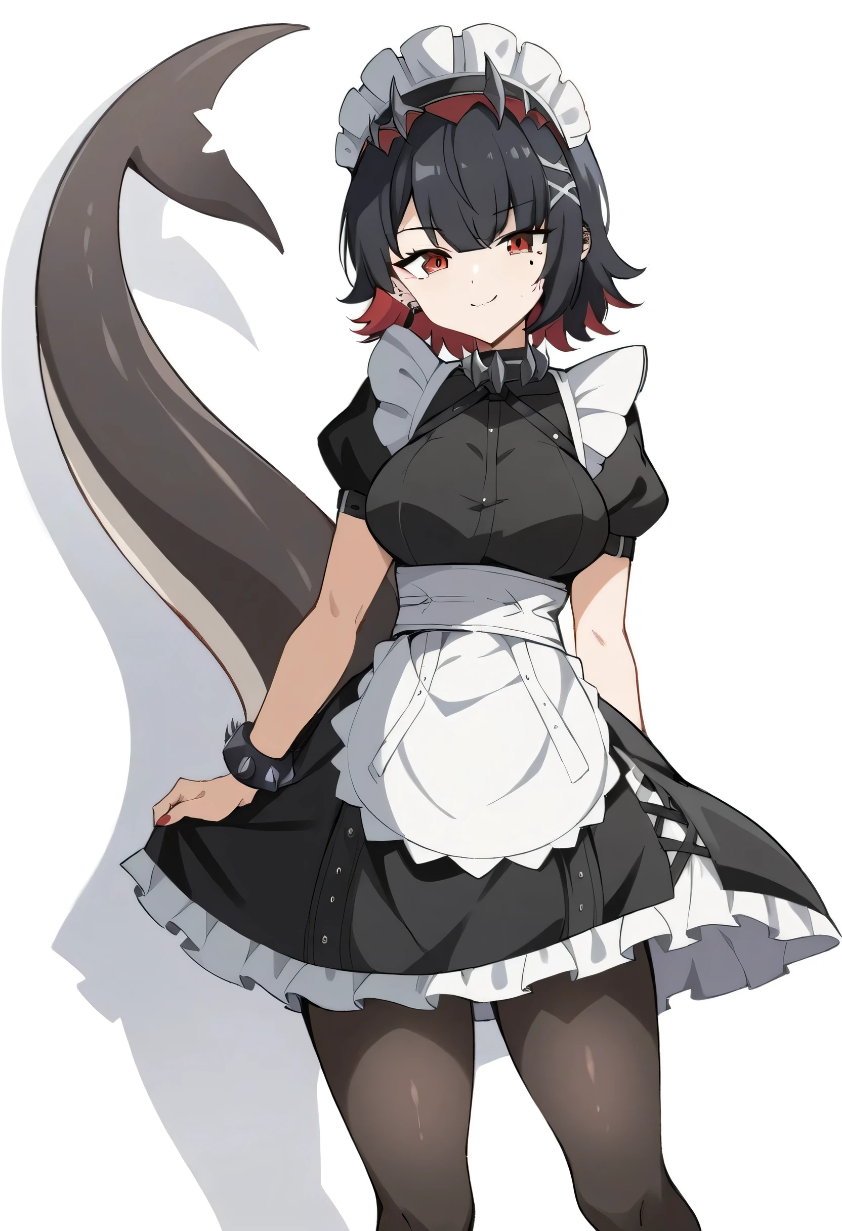 ( anime art style:0.5), 2d, masterpiece, Better Quality, very aesthetic, absurdities, dynamic shadows , atmospheric, Elena_Joseph, impact genshin , (1 girl), (Alone ), ( black hair), short hair, Red locks, Ojos rojos, detailed eyes, lunar under the eyes, hair between the eyes , blows, medium breasts, curvy body , make-up, (a tail), fish tail, medias negras, spiked necklace , barbed cuff , spiked headpiece , x hair ornament , ear piercing , nail polish red , maid, maid headress, white apron , black dress, puffy short sleeves, Bracelet with ruffles , covered collarbone, black high heels , striped skirt , Black panties, (sexy smile), (Cowboy shot), (Standing), (( From behind)), ( open legs ), looking at the spectator, ( white background), (Fondo simple)