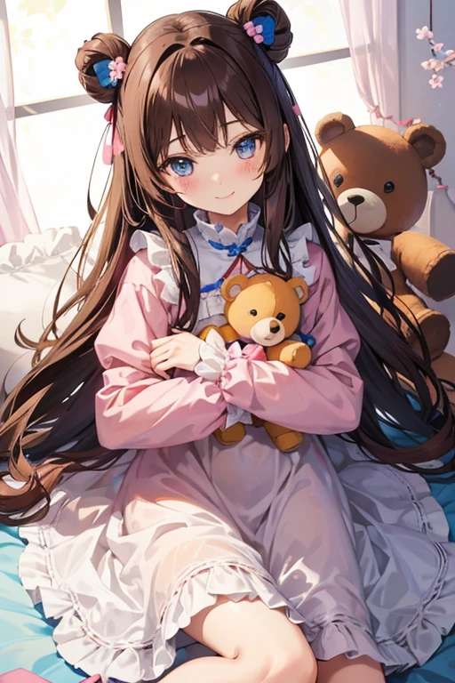 beautiful cute girl,((brown hair:1.2)),(Medium wave hair:1.1),(Starlight beige eyes:1.2),((life size bear:1.1)),(cute bear:1.2),((lace:1.2)),(首を傾げる:1.3),((Happiness:1.1)),(sitting on the floor with one's legs tucked under to one side:1.15),close-up Face,((play room:1.0)).