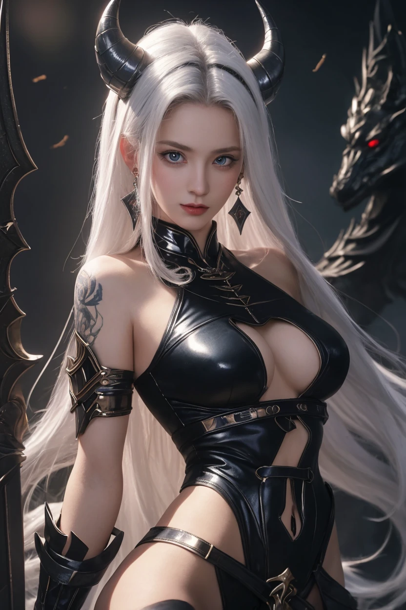 (Very detailed CG unity 8K wallpaper,tmasterpiece,best qualtiy,ultra - detailed,beatiful detailed eyes:1.2),best illuminate,(Extremely refined and beautiful),The girl is surrounded by dragons,(1girll:1.4),Facing the camera, Looking at the audience, Large breasts,独奏,full bodyesbian,white dresses,(Colorful dragon:1.4),naked leg,long skirt,