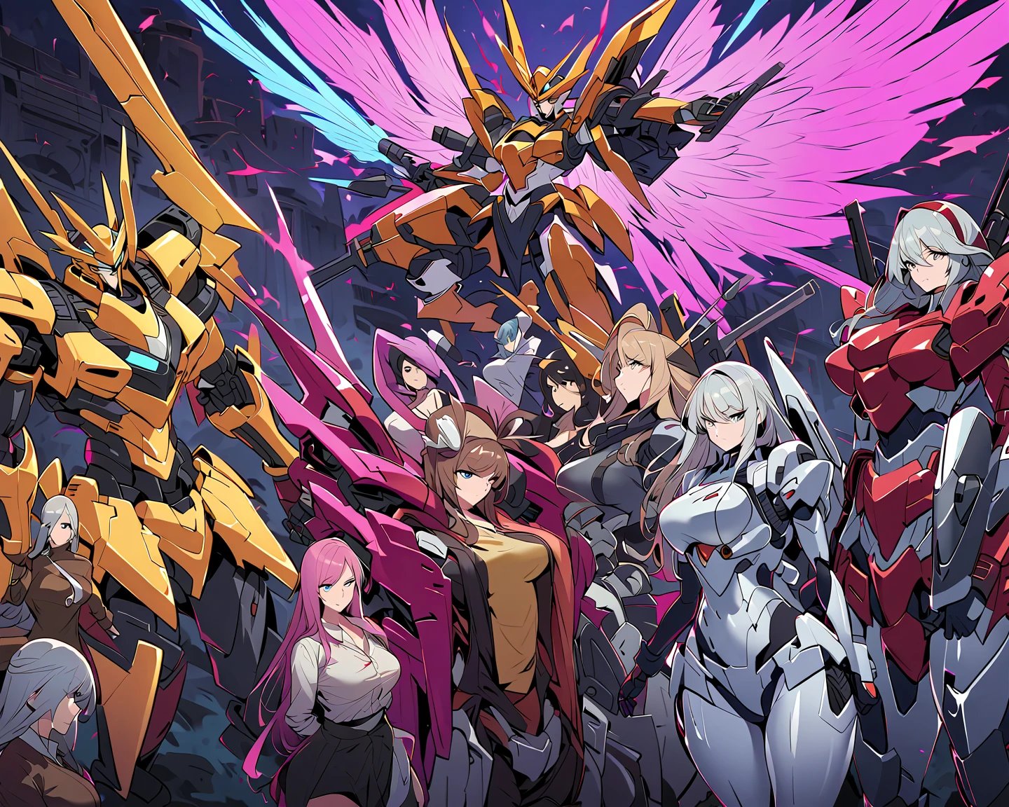 Anime, high detailed, multiple womans, mature womans, shiny-like mecha armor, large mechanical wings, large Gauntlet, serious, curvy body, long mechanical wings, mecha weapons、Colored armors、magenta Colored aura、BLUE Eyes, elongated pupils,  Mature Woman、magenta aura、womans surrounding, background a crumbled city