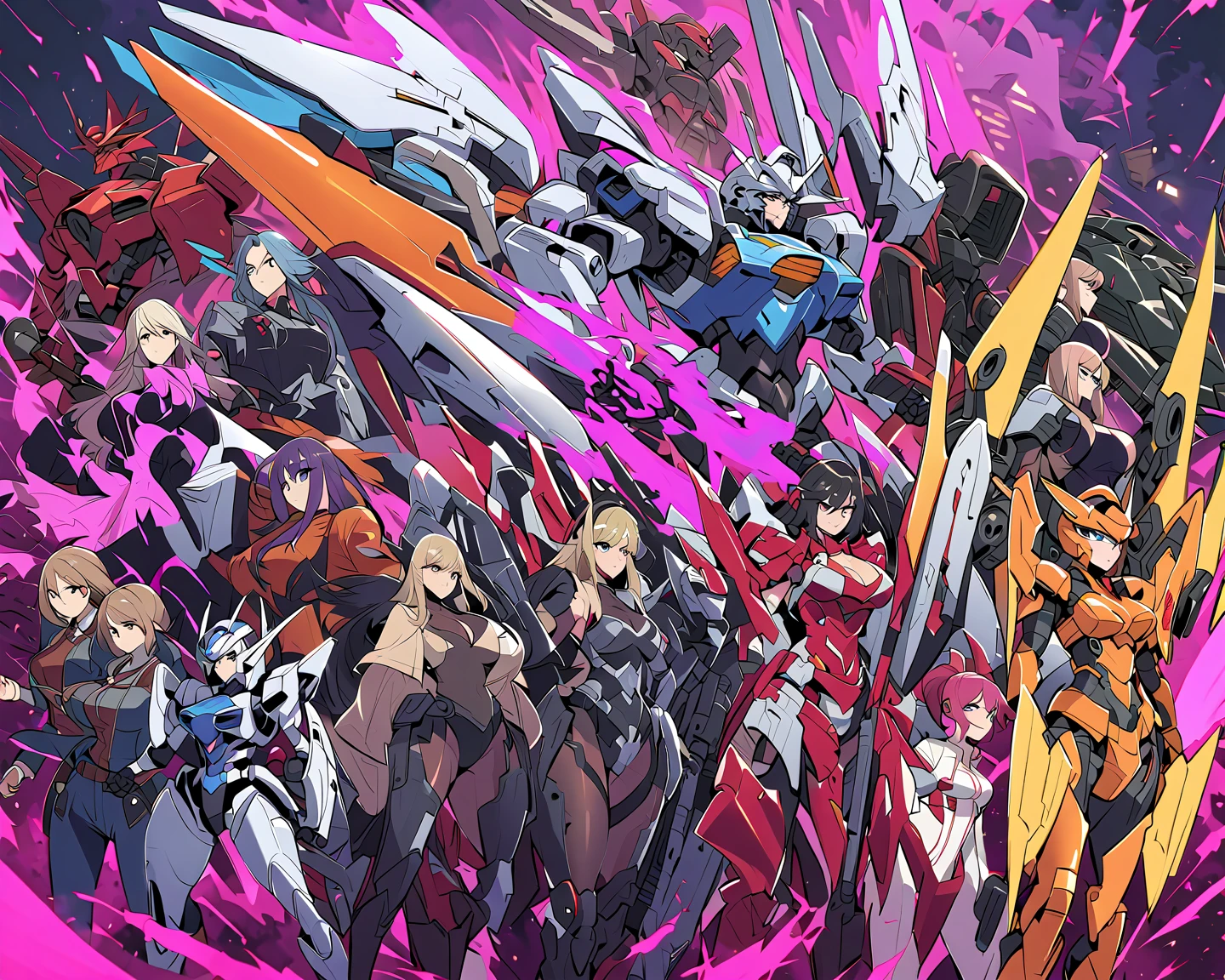 Anime, high detailed, multiple womans, mature womans, shiny-like mecha armor, large mechanical wings, large Gauntlet, serious, curvy body, long mechanical wings, mecha weapons、Colored armors、magenta Colored aura、BLUE Eyes, elongated pupils,  Mature Woman、magenta aura、womans surrounding, background a crumbled city