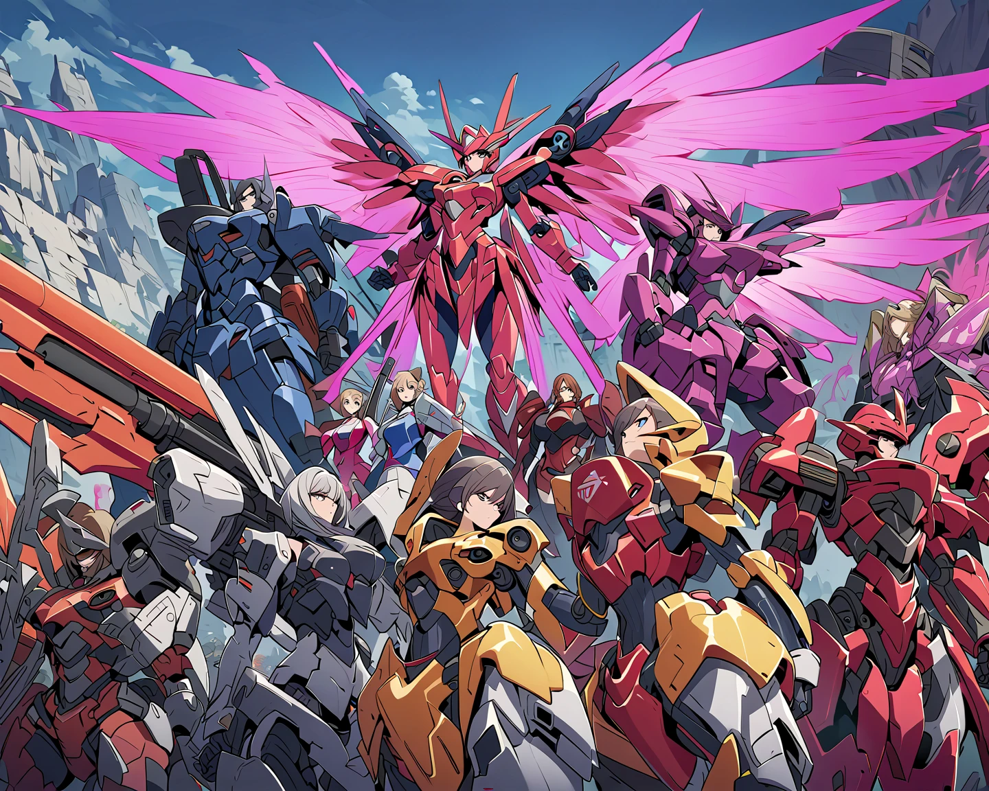 Anime, high detailed, multiple womans, mature womans, shiny-like mecha armor, large mechanical wings, large Gauntlet, serious, curvy body, long mechanical wings, mecha weapons、Colored armors、magenta Colored aura、BLUE Eyes, elongated pupils,  Mature Woman、magenta aura、womans surrounding, background a crumbled city