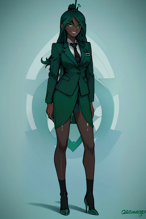 female, teal long hair, green eyes, black skin (((1girl))), (((blue green business suit blazer))), (green dress shirt), (black necktie), (black pencil skirt), (teal heels), cute and sexy, full body, large breasts, long legs, smiling