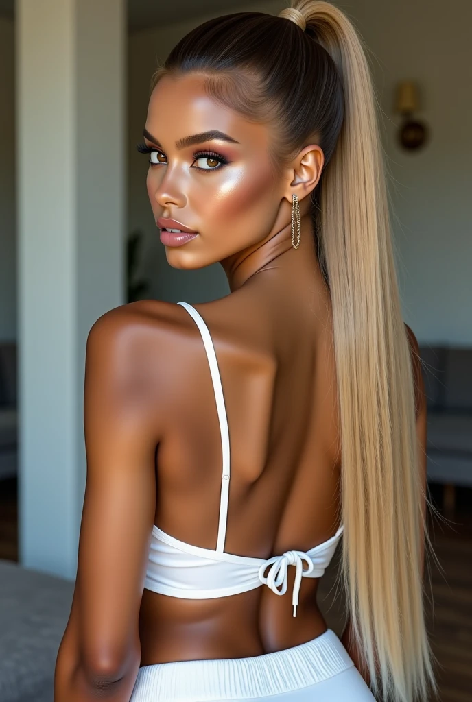 (Surreal), (picture), (High resolution), (In 8K), (Very detailed), (Best Illustration Photos), (Beautiful and fine details), (Highest quality), (Ultra-detailed), (masterpiece), (wallpaper), (Detailed face), solo, One Girl, White Wavy Hair, Korean Beauty, iridescent heterochromatic eyes, Loose light white shirt, White maid outfit, Long legs, Toned Abs, Camel Toe, stockings、((Curly hair in braids、good1))、