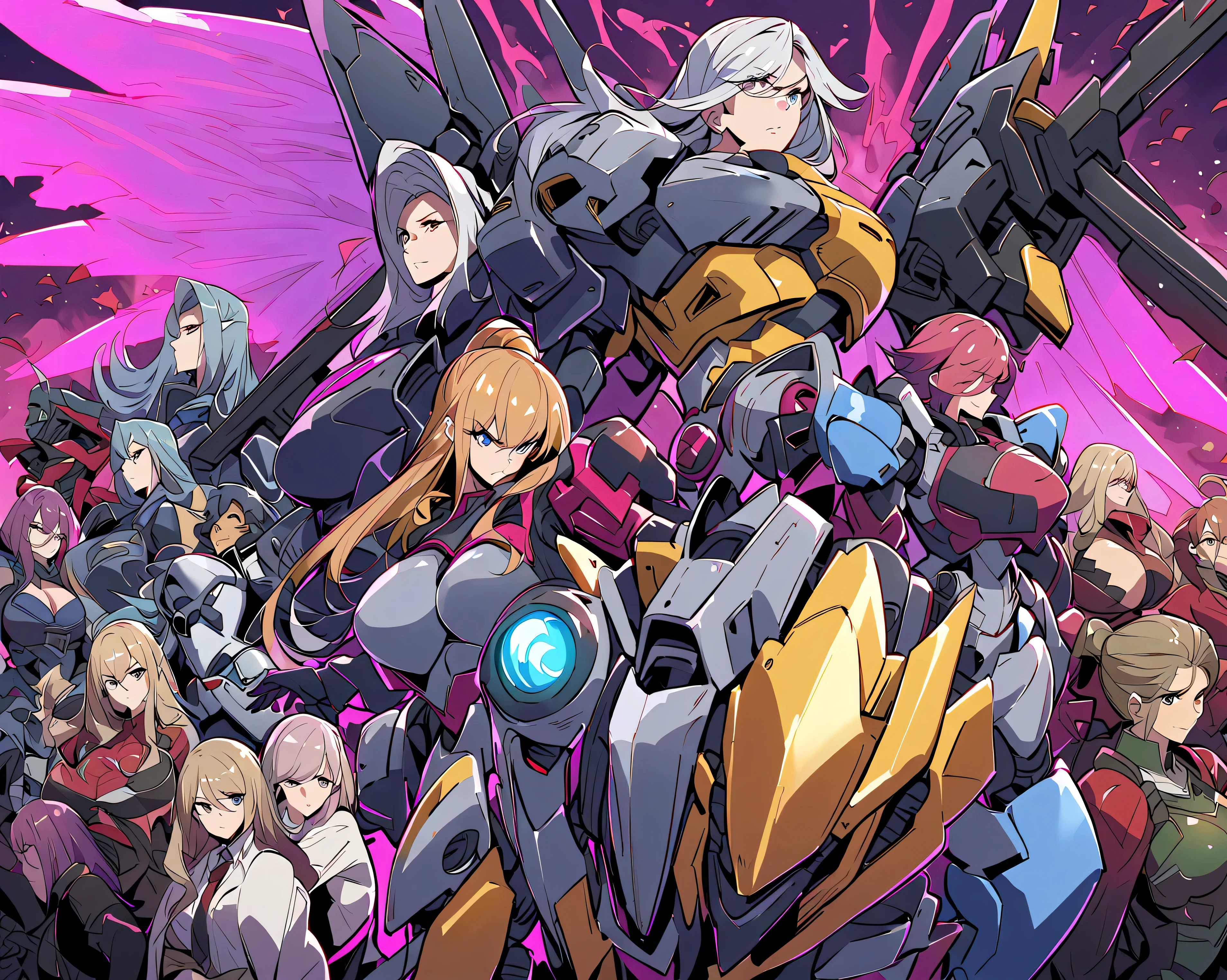 Anime, high detailed, multiple womans, mature womans, shiny-like mecha armor, large mechanical wings, large Gauntlet, serious, curvy body, long mechanical wings, mecha weapons、Colored armors、magenta Colored aura、BLUE Eyes, elongated pupils,  Mature Woman、magenta aura、womans surrounding, background a crumbled city