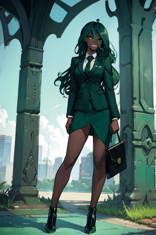 female, teal long hair, green eyes, black skin (((1girl))), (((blue green business suit blazer))), (green dress shirt), (black necktie), (black pencil skirt), (teal heels), cute and sexy, full body, large breasts, long legs, smiling