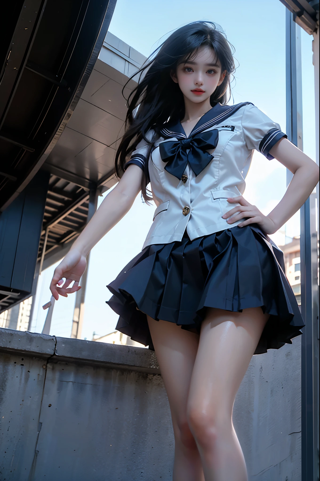 <lora:hipoly3DModelLora_v10:0.5>, hiqcgbody, hiqcgface, <lora:japaneseDollLikeness_v10:0.6> , (ulzzang-6500:0.4), (pureerosface_v1:0.9), realistic, (photorealistic:1.3),
sailor collar, crop top, neckerchief, microskirt, pleated skirt, highleg panties, black panties, striped thighhighs, rabbit ears, elbow gloves, boots, bare shoulders, in public, streets, crowd, people, masterpiece, best quality, highly detailed