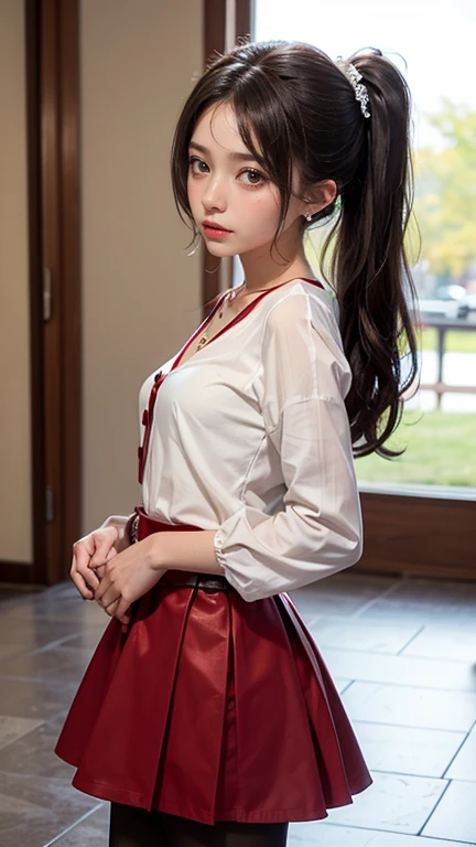 (8k raw photos, top quality, masterpiece, UHD), (realistic, photorealistic: 1.37), (realistic skin shading), ultra high resolution, depth of field, soft sunlight, very cute 16 year old girl, slant or almond-shaped eyes, cute face, solo, cheeky smile, cleavage, big, very big breasts, very detailed eyes and hair, beautiful skin down to the smallest detail, attractive thighs, side ponytail, dark red hair, thick bangs, juicy thighs, skirt, boots, medieval cityscape, crowd,