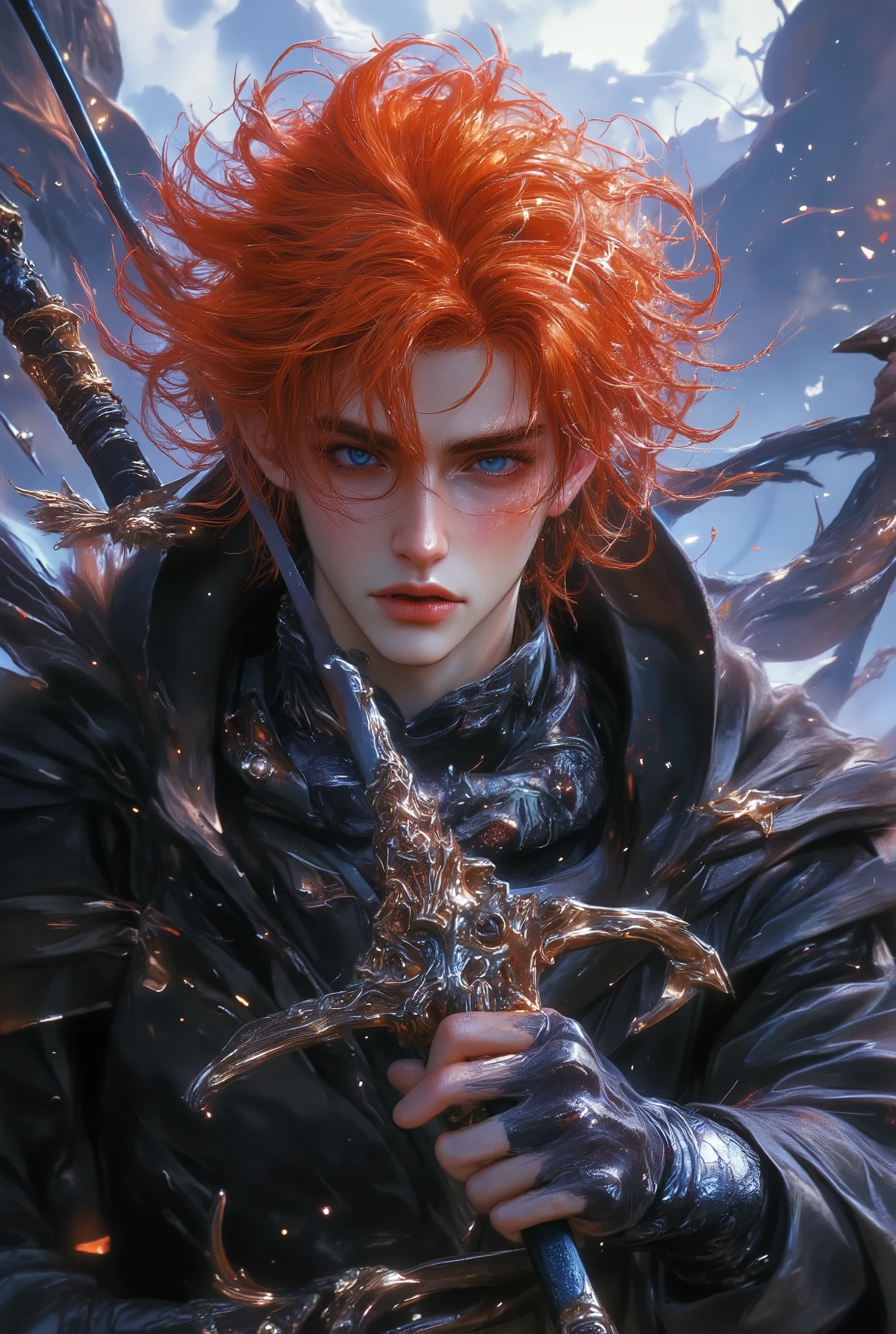long orange hair, orange face stubble, Scottish warrior, blue eyes, shirtless wearing only a kilt, man handles the sword, long sword, Legendary sword, Scottish Highland background, Scottish highlander, handsome man, Scottish man, complex background, semi-realism, anime style, 1boy, sole_male, phwamen, Midjourney_Whisper, aidmanijiv6