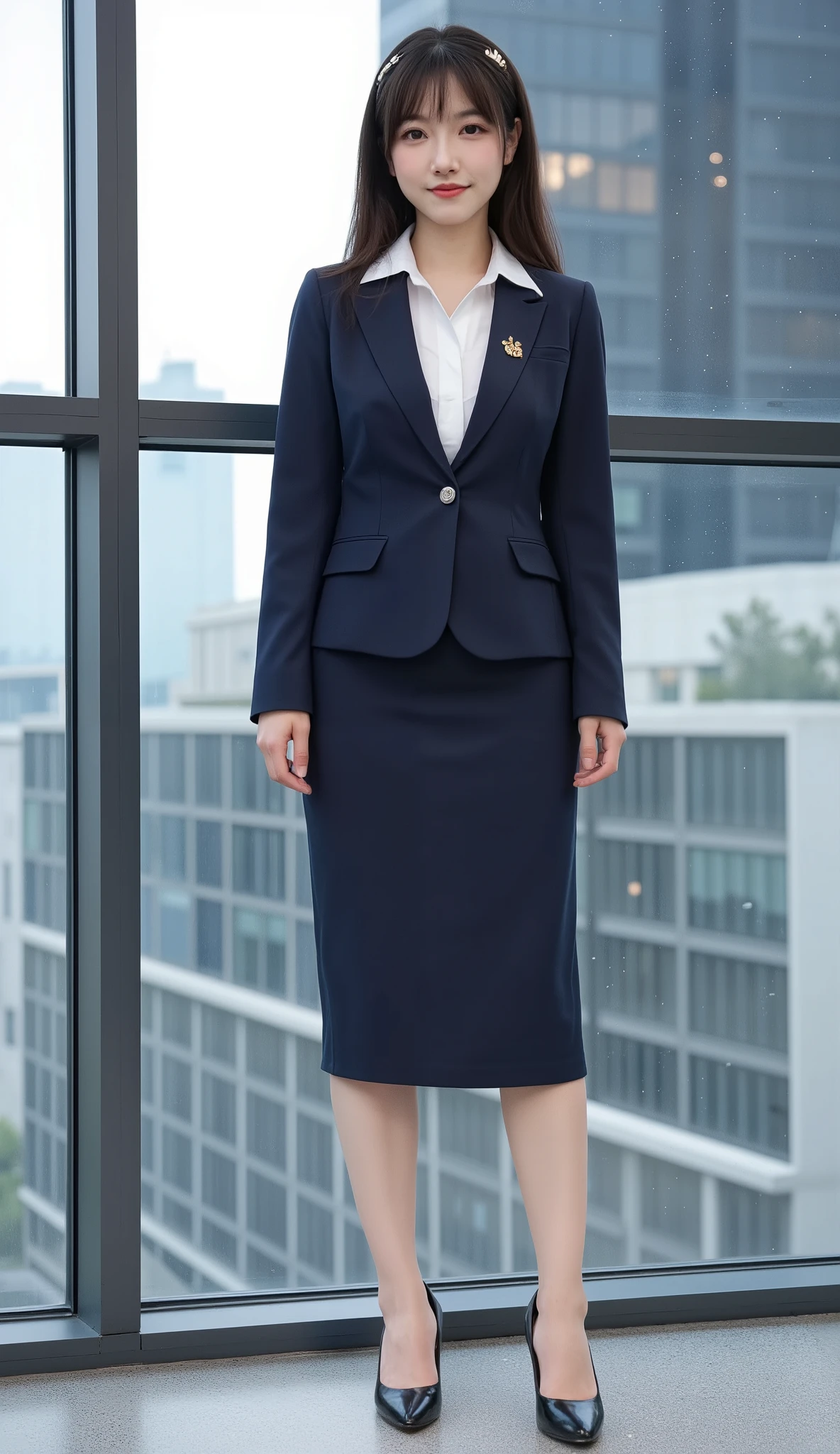 ((masterpiece)), (( best quality :1.4)), ( more details:1,4) , movie lights,
beautiful woman with perfect figure:1.4、(( dark brown long hair))、((Office lady at a top company))、: 170 cm 、Dynamic Body、Russians and Japanese mix together、 beautiful faces、Athletic build and muscular、Wearing a pendant、(( tight dark blue business suit))、((PERFECT AND ULTRA REAL PANTYSTOCKING :1.3)), (( white blouse))、(( tight skirt ))、 very detailed face and skin 、fine grain、double eyelids、slender、((Front ))、((smile))、((Standing at a distance))、((whole body))、Look here、(( black high heels ))、The background is the Marunouchi business district....、