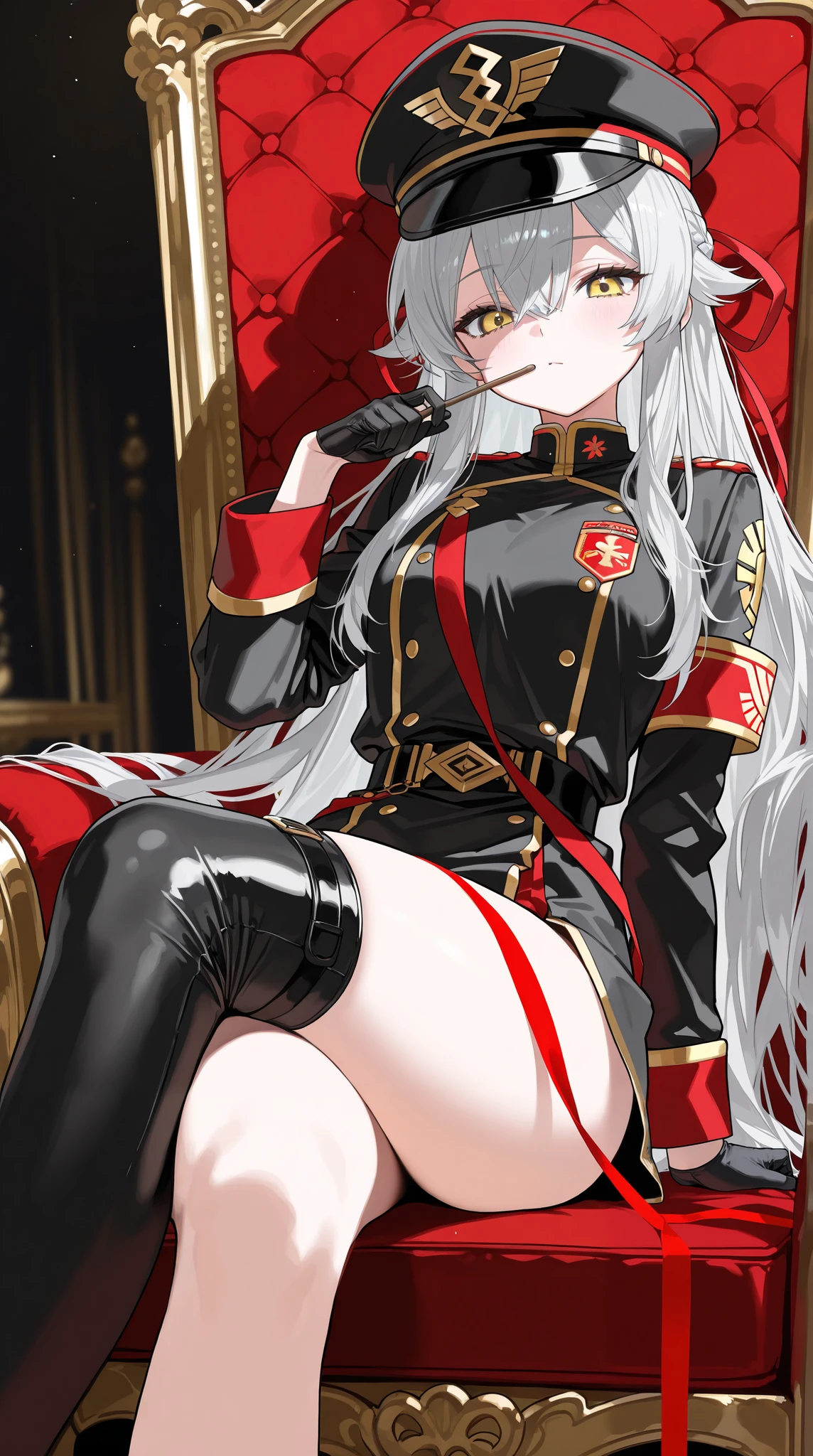 8k high resolution ( more details), masterpiece, ( best quality ) illustration style detailed eyes, detailed face detailed hands Fine hair very elaborate body、 fine skin solo teens Yellow Eyes Grey long hair light red ribbon in the hair uniform Black Hat Gold Emblem Black gloves ( small tits) Blushed cheeks Brave expression prison throne cross legs wear cheek sticks look down at me View from an Oblique Bottom
