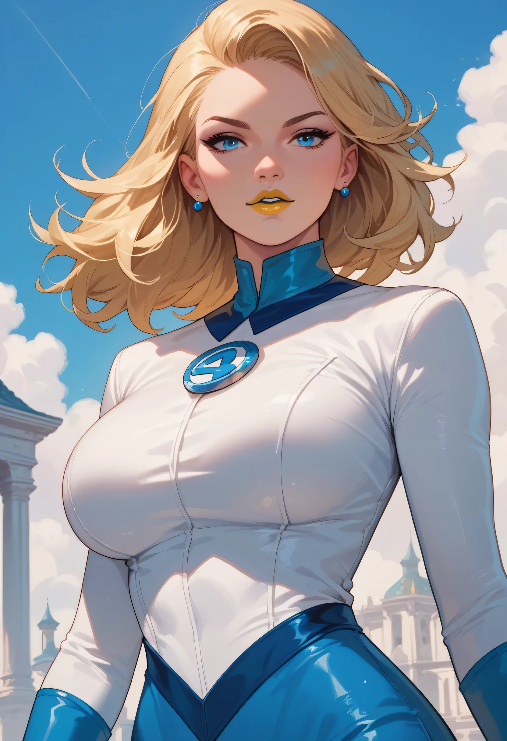 woman, big breasts, yellow lipstick, anime style, white skin, blue eyes, blonde hair, white outfit, blue outfit details, Susan Storm