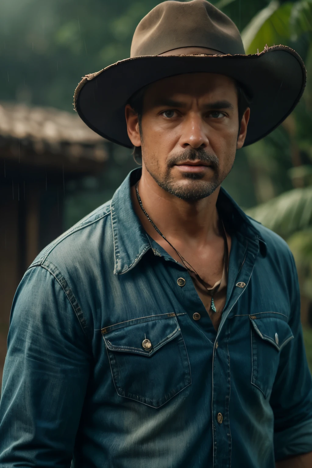 Create a highly realistic depiction of a rugged paleontologist standing in a rainstorm, inspired by the iconic character Dr. Alan Grant from Jurassic Park. The character is a middle-aged man with sharp, weathered features and piercing, thoughtful eyes, wearing a wide-brimmed straw hat with a black band. His clothing consists of a denim shirt, a red bandana tied around his neck, and practical outdoor gear suited for an adventurous scientist in the field. The rain should cascade dramatically, with streaks illuminated by a soft, cinematic backlight that gives the scene a moody atmosphere.
The background is blurred, suggesting a dense tropical forest at night, creating an ominous yet adventurous tone. The lighting should highlight the character's face, casting subtle shadows under the hat brim while keeping the rain visible in the foreground. Details like water droplets clinging to the hat and shirt should enhance the realism. The overall scene should evoke a sense of determination and tension, capturing the essence of a man who faces the untamed power of nature.
Key Details to Enhance:
Realistic facial structure resembling Sam Neill with expressive eyes.
Textured clothing and accessories (e.g., frayed edges on the bandana, hat texture).
Dynamic lighting that interacts with the rain.
Cinematic atmosphere with dramatic tension.