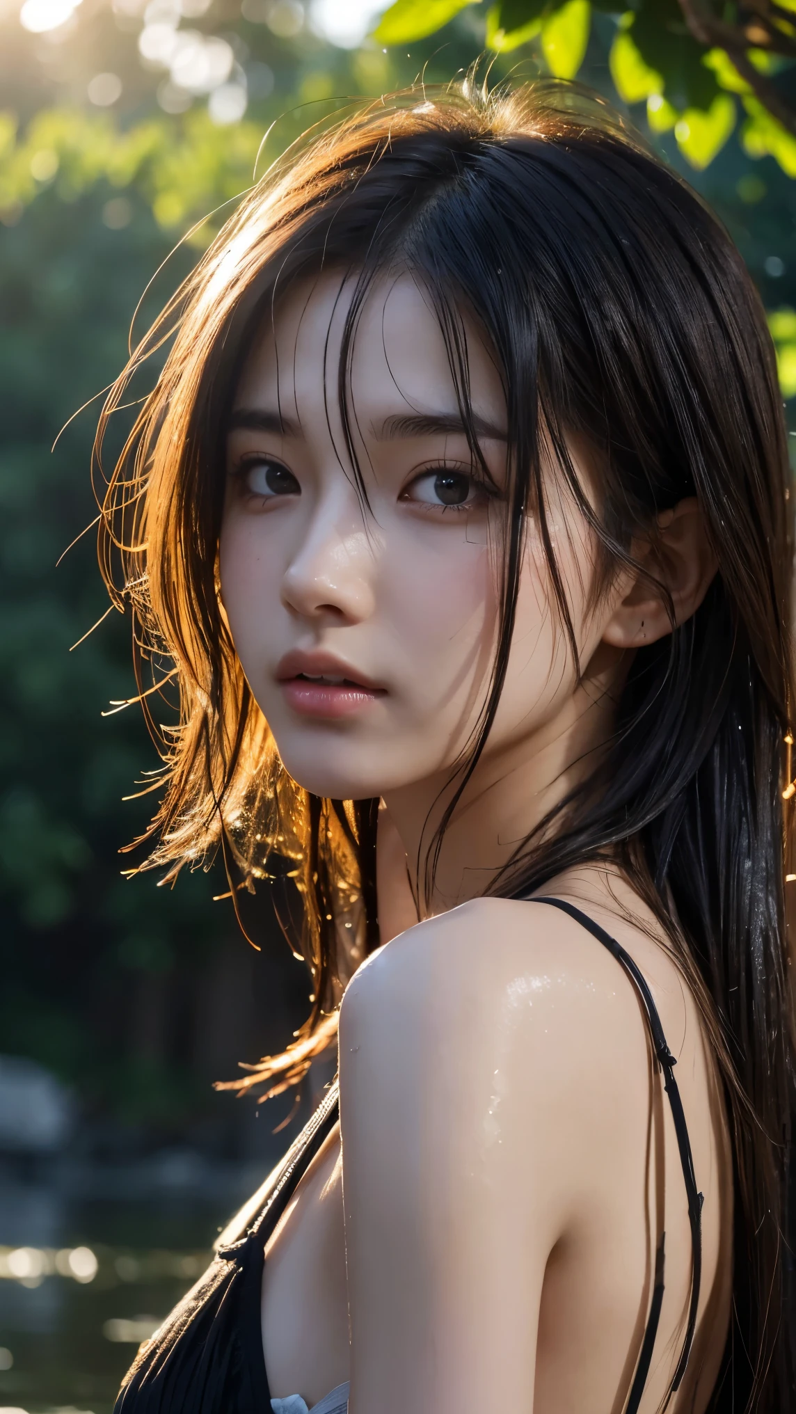streaked hair, ahoge, wet hair, Impressionism, ray tracing, backlighting, masterpiece, accurate, textured skin, high details, high quality, highres, super detail, 1080P, detailed face, detailed eyes, detailed 5 fingers,