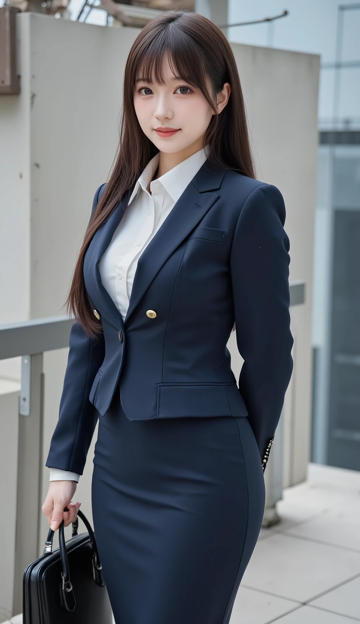 ((masterpiece)), (( best quality :1.4)), ( more details:1,4) , movie lights,
beautiful woman with perfect figure:1.4、(( dark brown long hair))、((Office lady at a top company))、: 170 cm 、Dynamic Body、Russians and Japanese mix together、 beautiful faces、Athletic build and muscular、Wearing a pendant、(( tight dark blue business suit))、((PERFECT AND ULTRA REAL PANTYSTOCKING :1.3)), (( white blouse))、(( tight skirt ))、 very detailed face and skin 、fine grain、double eyelids、slender、((Front ))、((smile))、((Standing at a distance))、((whole body))、Look here、(( black high heels ))、The background is the Marunouchi business district....、