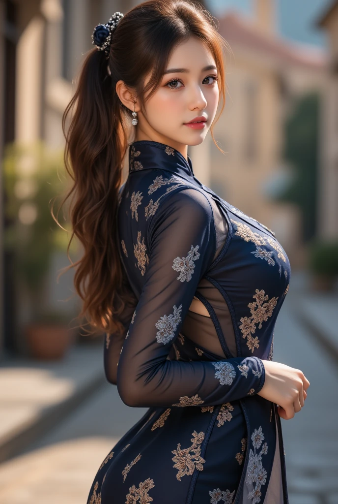 (Best Quality, masutepiece, photographrealistic, ultra-detailliert, 超A high resolution, raw:1.3), (1 woman, Beautiful Japan actress, 25 years old), double iris), (Smile), Detailed face, She has big ring earrings and red eyeshadow makeup.。,Light blonde delicate mid cut hair,The ends of the hair are wavy,Classy hairstyle,Detailed eyes, (Actress with slender figure,small tits, Smaller hips, sideboob barbosa), (Butt crack, naked waist, Bare back:1.3), (sexy silk embroidered mermaid dress:1.2), (from behind), up looking_で_viewer, BREAK black long hair, BREAK (Ceremony, Red carpet, Large crowds:1.5),My butt is also exposed,Profile beauty,