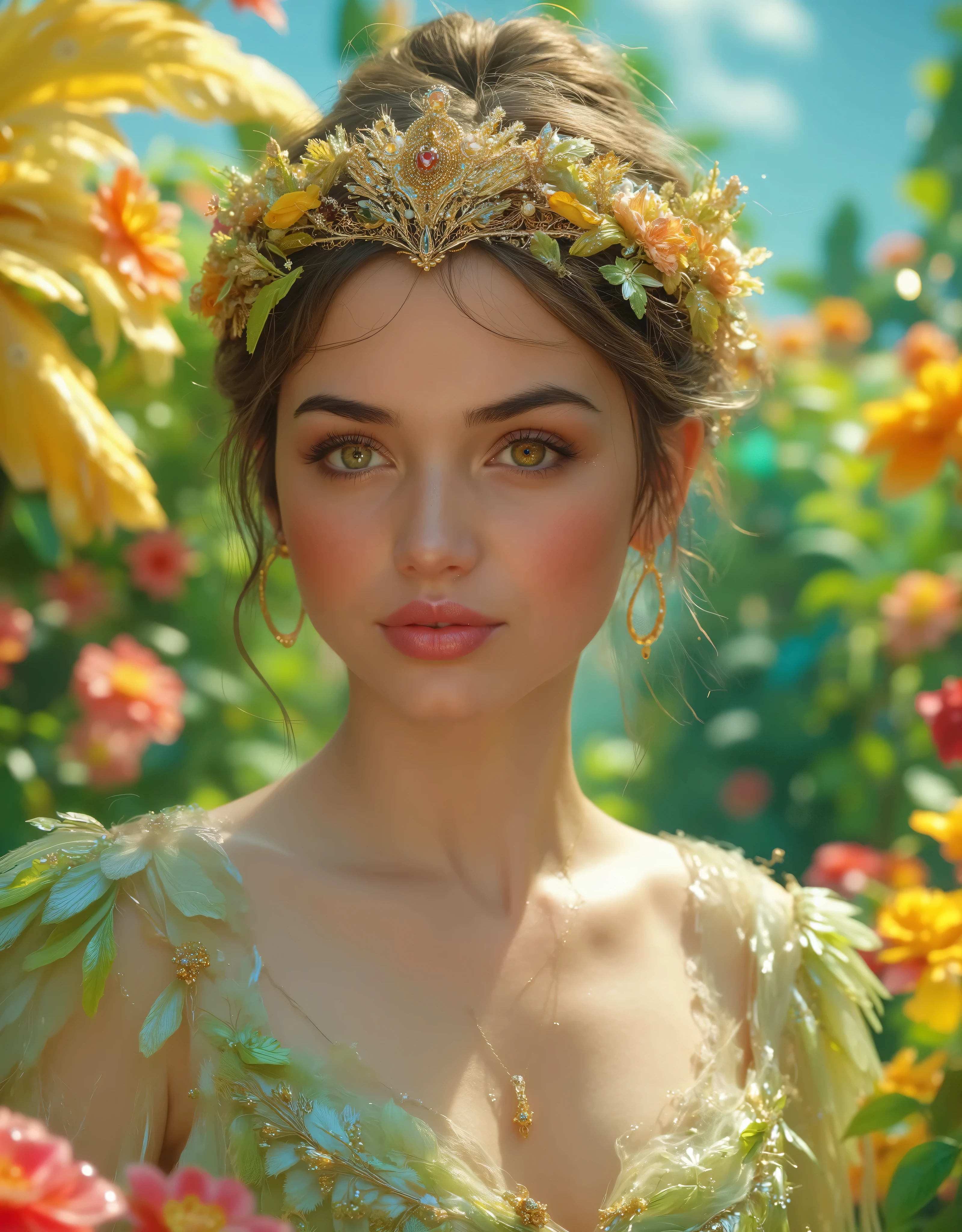 (Canon), (EOS R5), (50mm), (No lens flare :1.5), (超 High Resolution :1.5), (masterpiece), Accurate, (( photo realistic :1.9)), (( anatomically accurate human body :1.4)), ( realistic な質感の肌), more details, high detail, High Resolution , Award-winning works,32K, depth of field, digital camera, Award-winning glamour photo , professional lighting, (( Vivid, bright, beautiful, and delicate professional art photo :1.5)), ((Vivid and bright professional art photo )), (( best quality :1.5)), ((masterpiece:1.5)), (( realistic )), ( beautiful, Vivid, and bright atmosphere ), ( very beautiful and cute 1 French woman ), ((( upper body shot :1.5))), (( Her movements give the impression of her dancing lightly and joyfully.)), (( fairy princess in a fantasy world )), (( beautiful and beautiful, A -yeld wh French girl. )), (( A very cute, ish look. )), ( beautiful and fluffy blonde Long hair ), ((She is wearing a gorgeous gold tiara studded with rubies and diamonds and a flower crown adorned with LOTS OF COLORS colorful flowers:1.5)), ((Extremely detailed and realistic skin :1.5)), (You can see an enchanting large cleavage of the bust ), (( realistic skin)), ((Quite large bust, F Cup)), (( Extremely Detailed and Realistic Brown Sparkling Eyes :1.5)), (( beautiful catchlight on the eyes:1.4)), (( extremely sexy and beautiful clear blue eyes :1.5)), (( Extremely detailed, Long, beautiful eyelashes :1.5)), ((Extremely detailed and beautiful eyebrows :1.5)), (( Extremely detailed and charming moisturized lips :1.5)), (( White realistic teeth arranged beautifully )), ( cute woman wearing a very bright pale green and very bright yellow sparkling fairy style dress ), (Fairy style dress with bright pastel butterfly wings ), LOTS OF COLORS々 deep covering a crown of flowers , Long brown hair and clothes fluttering big in the wind , looking at me with a gentle and cute expression , (A cute smile that shows some teeth:1.5), Skin feels soft , Natural makeup with gentle hues , Clear and fresh atmosphere , The delicately embroidered v-neck dress has a bright pale green and bright yellow gradation and is beautiful as if receiving light , The hem of the dress has a soft, wavy form and creates a light atmosphere , The background is a blurry, artsy LOTS OF COLORS, a vivid and very beautiful landscape with colorful flowers blooming all over, and very soft light is pouring in, A dreamy image characterized by extremely Vivid colors and delicate depictions , wearing a pale green and yellow fairy style dress Women , Beautiful footage from the movie , Lots of sparkling light blue, pink, and yellow pastel-colored butterflies are flying all around , Beautiful Depiction That Makes You Feel the Movement Joyfully Dancing While Spinning in the Wind , ( Her hands are not shown as much as possible. ), Accurate ,Accurate , Accurate,5 fingers on one hand