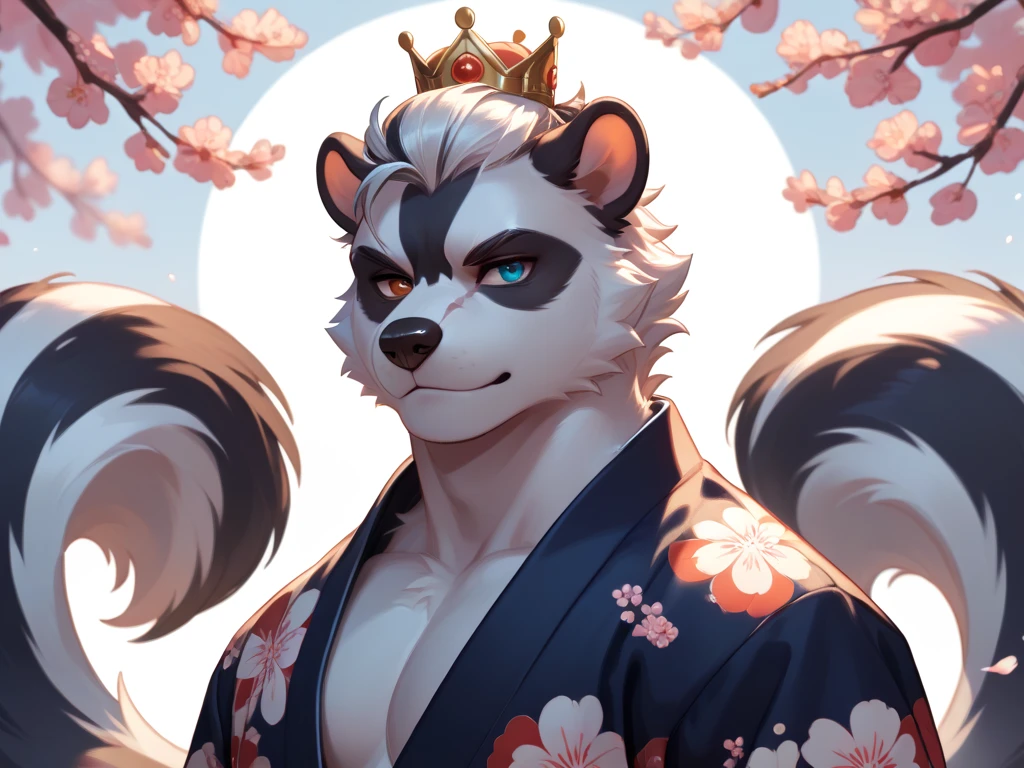 Furry man skunk silver fur scar on his eye heterochromia or eye of a different color wounds on his face Yukata or Japanese kimono crown on his elegant head 