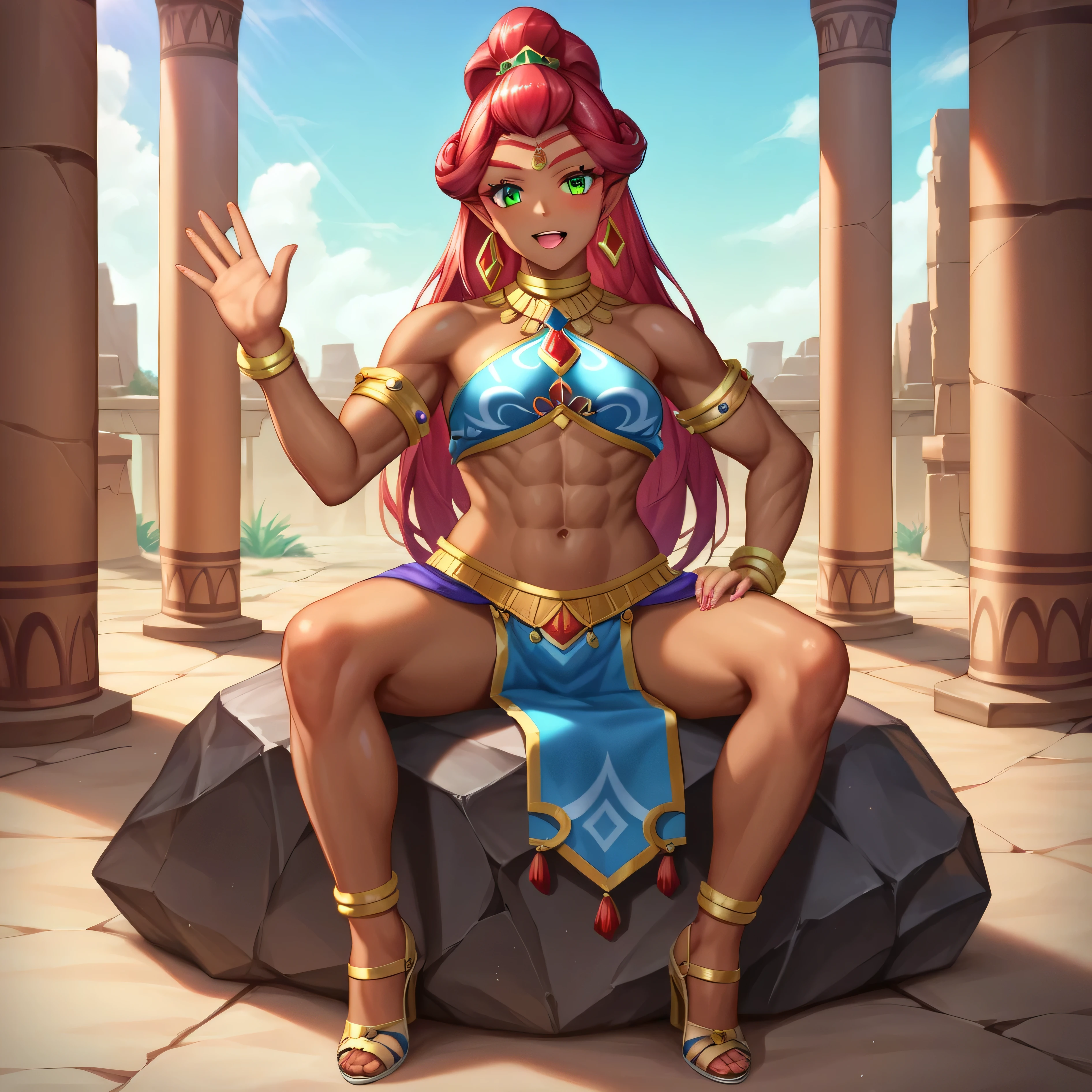 masterpiece, best quality, best quality, detailed eyes, detailed face, detailed skin, vivid eyes, source_anime, score_9, score_8_up, score_7_up, full body shot, 1girl, frontal view, looking at viewer, tall female, muscled female, gerudo, dark-skinned female, green eyes, maroon hair, gem, jewelry, brooch, sitting on rock pile, surprised, waving at viewer, in sandstone ruins, sandstone pillars, desert background,