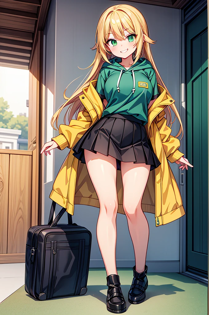 ((preteen)), Beautiful Girl, Freckles on her face, Light green eyes, Large earrings, White T-shirt, Jacket, Mini skirt, Black tights, heel boots, Full body, Shot from below, Very light skin , Very long hair, Wavy Hair , Blonde hair, Busy subway car, Photorealistic, indirect lighting, Volumetric Lights, Ray tracing, ultra-detailliert, Best Quality, Ultra-high resolution, nffsw, 8K