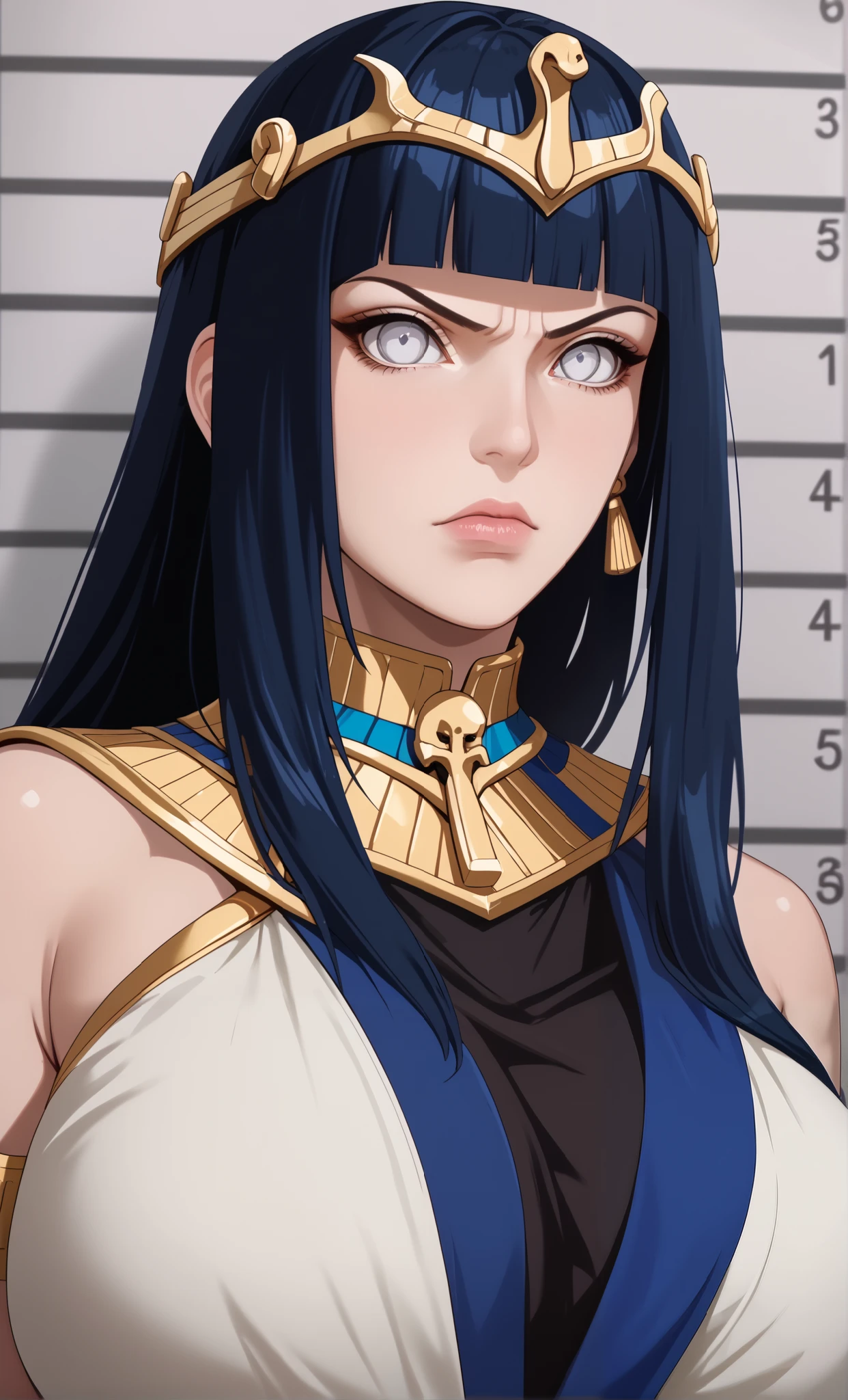 Hinata_Hyūga/Boruto, DARK BLUE HAIR, White EYES, LONG HAIR, BLUNT-BANGS HAIR. Score_10, Score_9, Score_8_up, Score_7_up, Score_6_up, Score_5_up, Score_4_up, Source_anime, Tag1, Tag2, Quality_masterpiece, Anatomically correct, Beautiful face, Perfect face, Highly detailed beautiful face and eyes, Attractive face, Detailed face, Delicate facial features, Gigantic Breasts, Huge Hips, Wide Ass, Hourglass Model Body, 4k, a portrait of an angry, egypt goddes Of Sekhmet, intricate Goddes Of Egypt Civilization outfit, epic realistic, kit, aesthetic, cinematic, insane details, hyperdetailed, dimmed colors, muted colors, film grainy, slate, lut, spooky, vignette, At Her Throne, Sittin, mugshot, art by rutkowski, Assassin Creed Origins Game Universe.