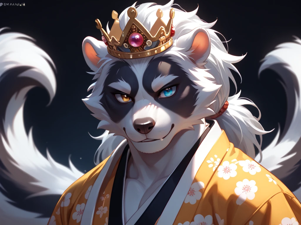 Furry man skunk silver fur scar on his eye heterochromia or eye of a different color wounds on his face Yukata or Japanese kimono crown on his elegant head 