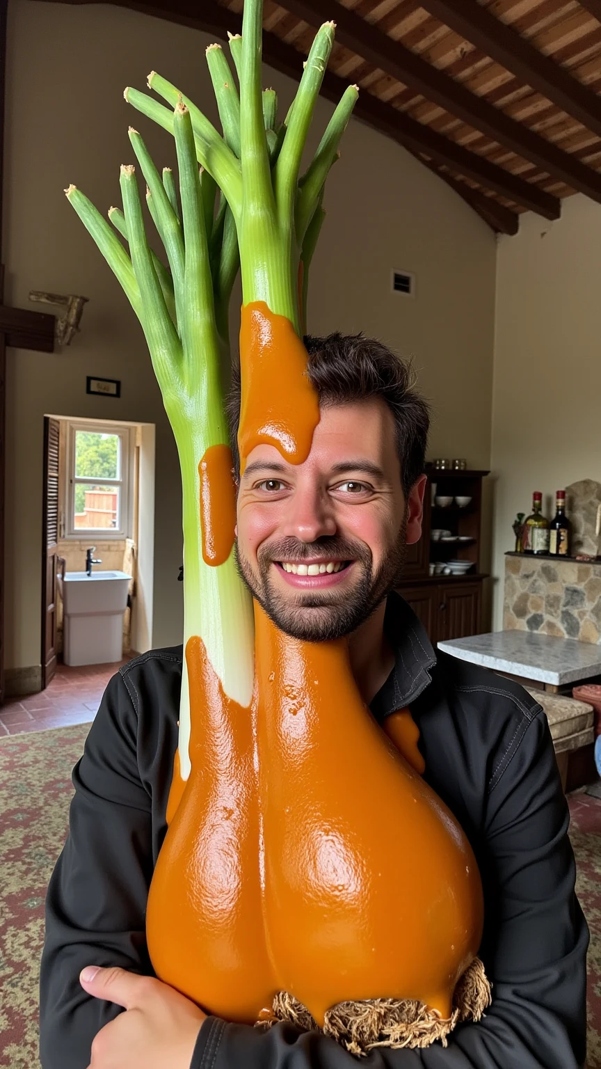 
Prompt: “A handsome man in a traditional Catalan masia (farmhouse) with rustic stone walls and a terracotta roof. He is hugging an enormous calçot, a type of long, white, and tender green onion typical of Catalonia, as big as him. The calçot has fresh green leaves at the top and a slightly charred appearance, as if just grilled. Romesco sauce, a thick, reddish-orange Catalan sauce made of roasted red peppers, almonds, garlic, olive oil, and vinegar, is humorously poured over his head and face, dripping down in a playful and exaggerated way. The scene is highly detailed, realistic, and captures the humor and warmth of Catalan culinary traditions.”