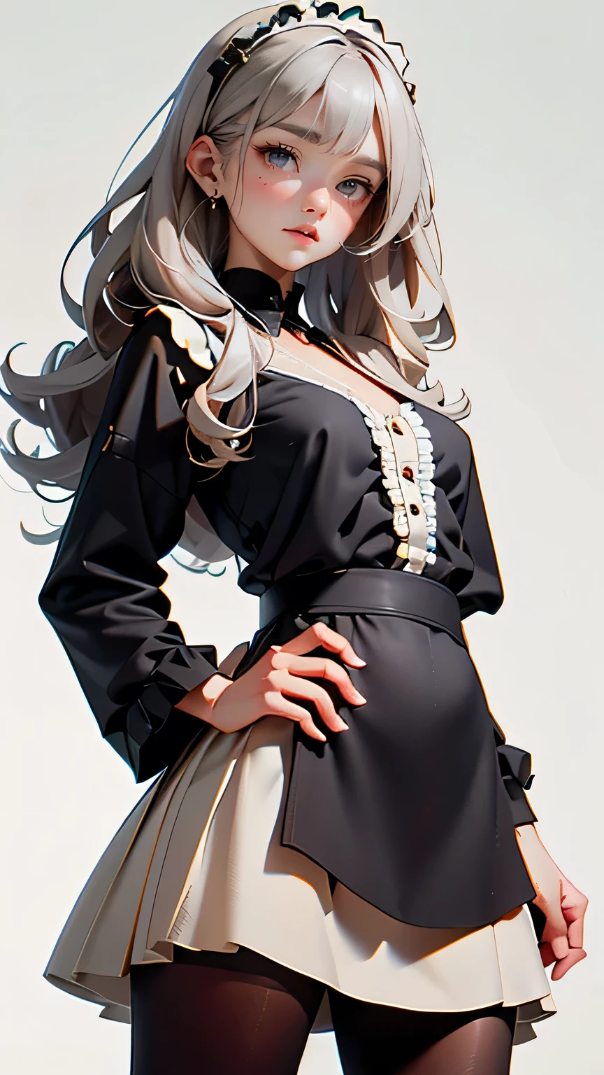Masterpiece, best quality , super high quality , 1 girl, Alone, young and long haired, Curly Hair, gray hair, blunt bangs , small breasts, neutral, gentle smile, Older sister, Victoria is wearing a morning style white dress, Maid, victorian dress, apron, leggings, black pantyhose, ( upper body close-up), standing, close-up, Hands on Hips , detailed hands , White background, simple background,